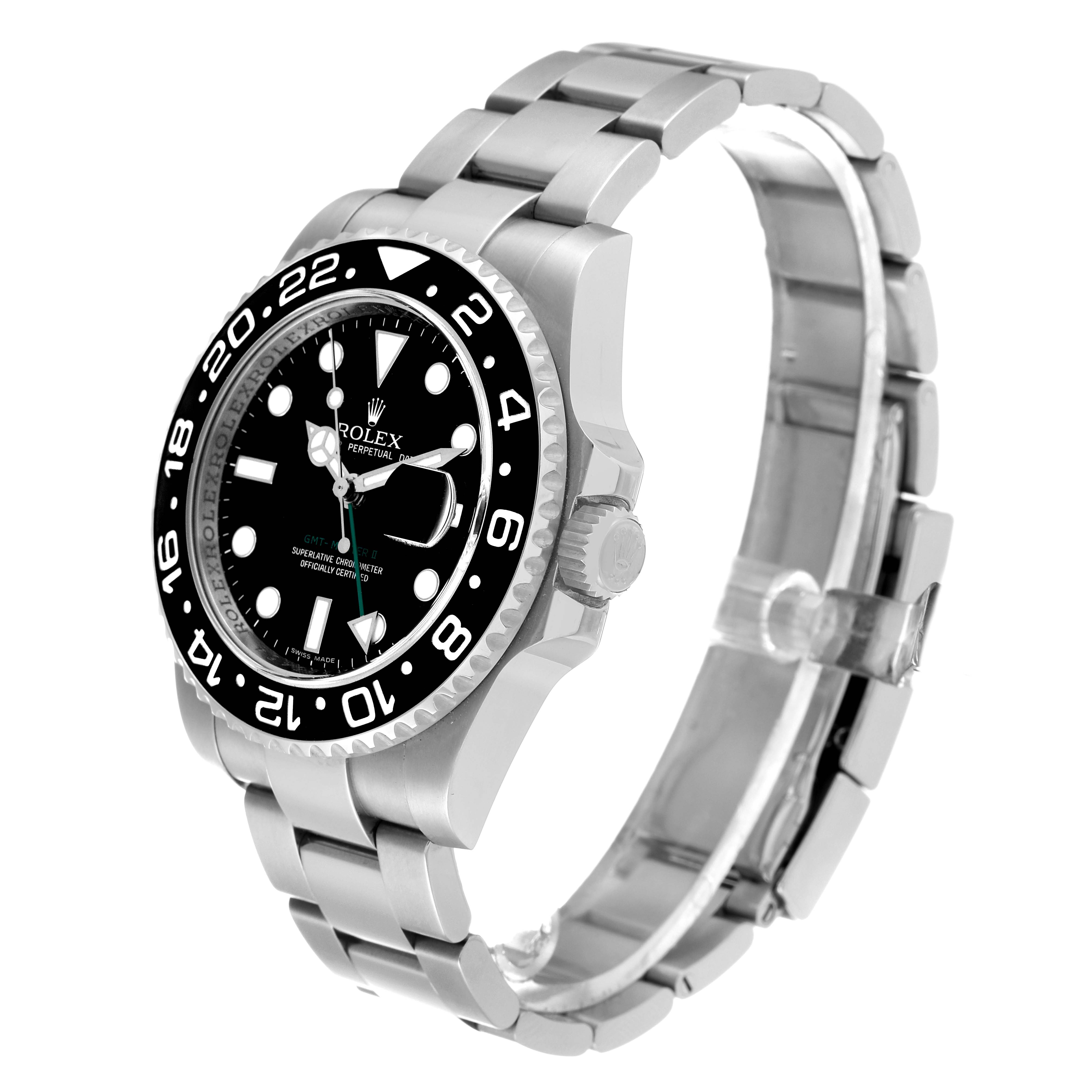 The Rolex GMT-Master 116710 Men
s Stainless Steel Black Dial 116710 Men
s Stainless Steel Black Dial is shown at an angled side view, displaying the bezel, crown, dial, and part of the bracelet.