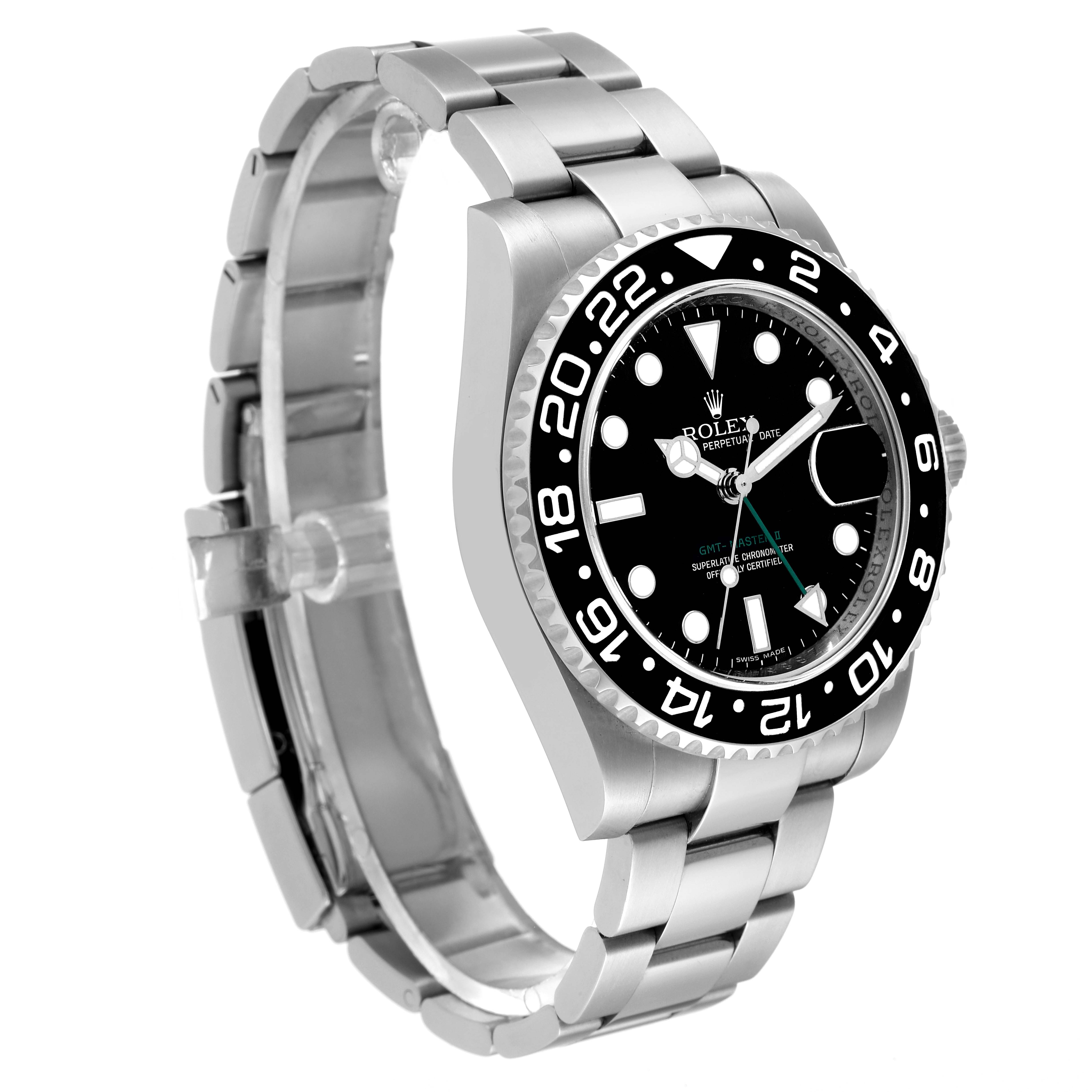 This image shows the left side and front view of a Rolex GMT-Master 116710 Men
s Stainless Steel Black Dial 116710 Men
s Stainless Steel Black Dial watch, featuring its dial, bezel, and band.