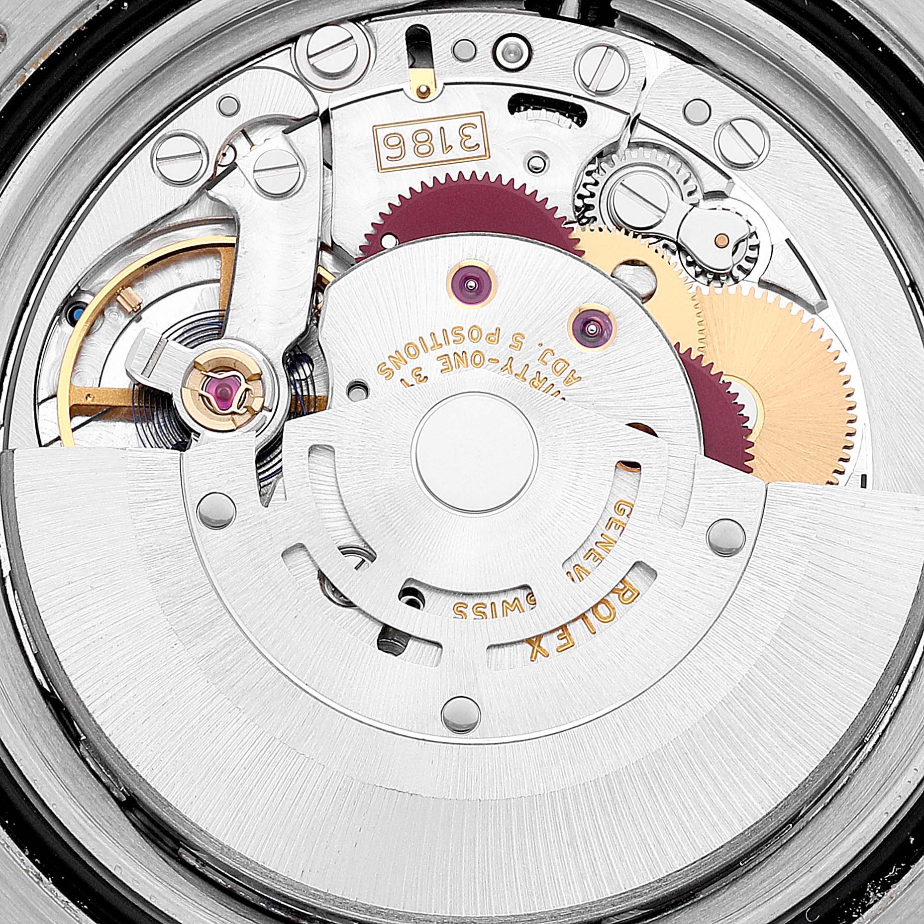 The image shows the internal mechanical movement of the Rolex GMT-Master 116710 Men
s Stainless Steel Black Dial 116710 Men
s Stainless Steel Black Dial watch, focusing on gears and components.