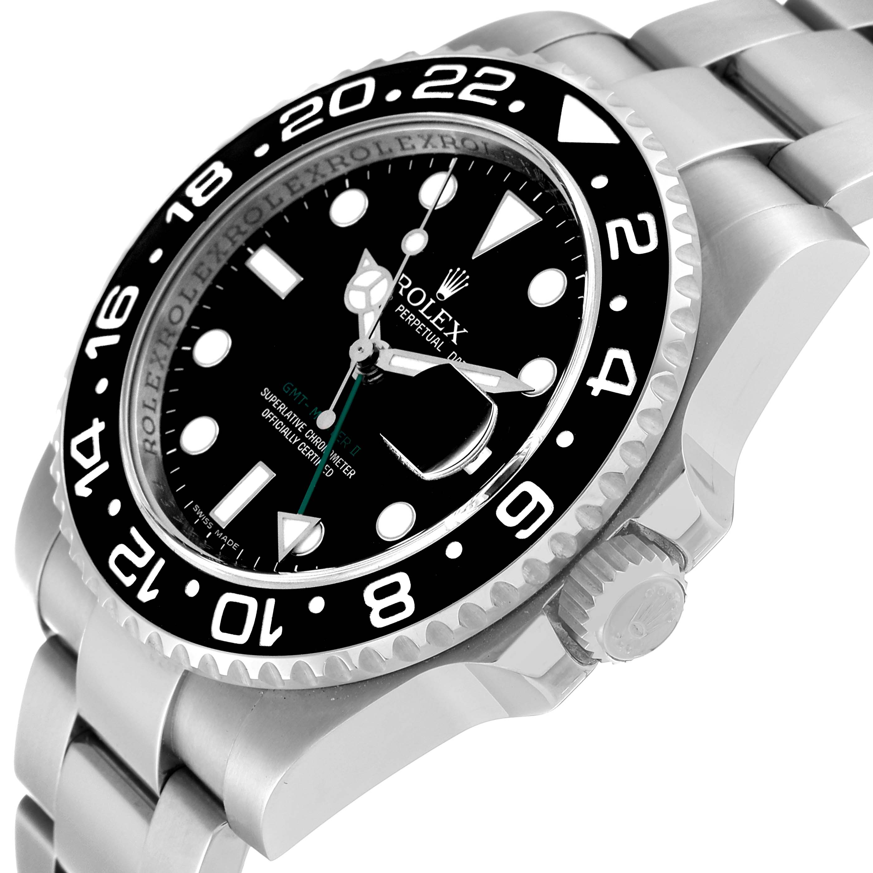This image shows a close-up side angle of the Rolex GMT-Master 116710 Men
s Stainless Steel Black Dial 116710 Men
s Stainless Steel Black Dial watch, highlighting its bezel, crown, and bracelet.