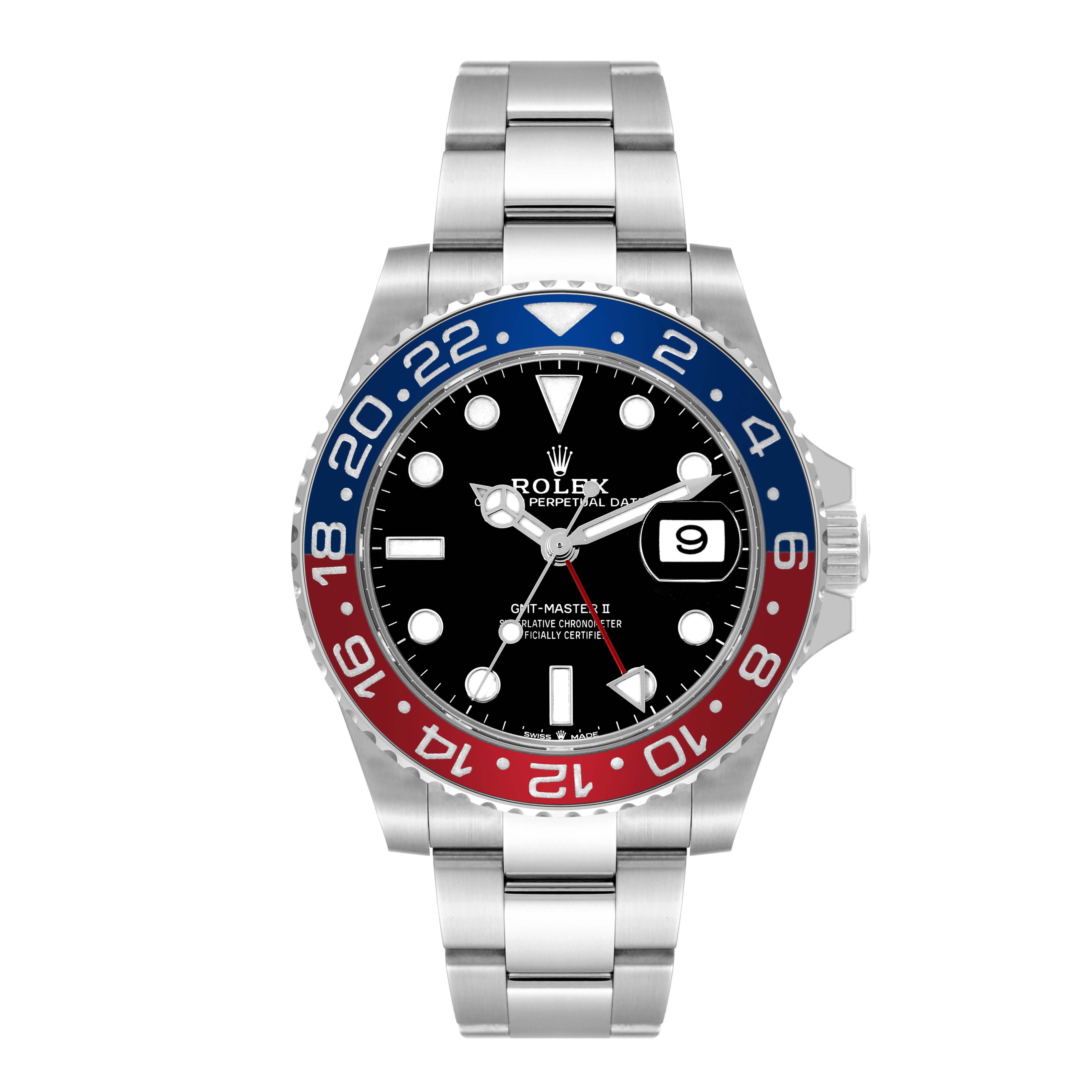 The image shows a front view of the Rolex GMT-Master 126710BLRO Men
s Stainless Steel Black Dial 126710BLRO Men
s Stainless Steel Black Dial II watch, displaying the bezel, dial, hands, date window, and bracelet.