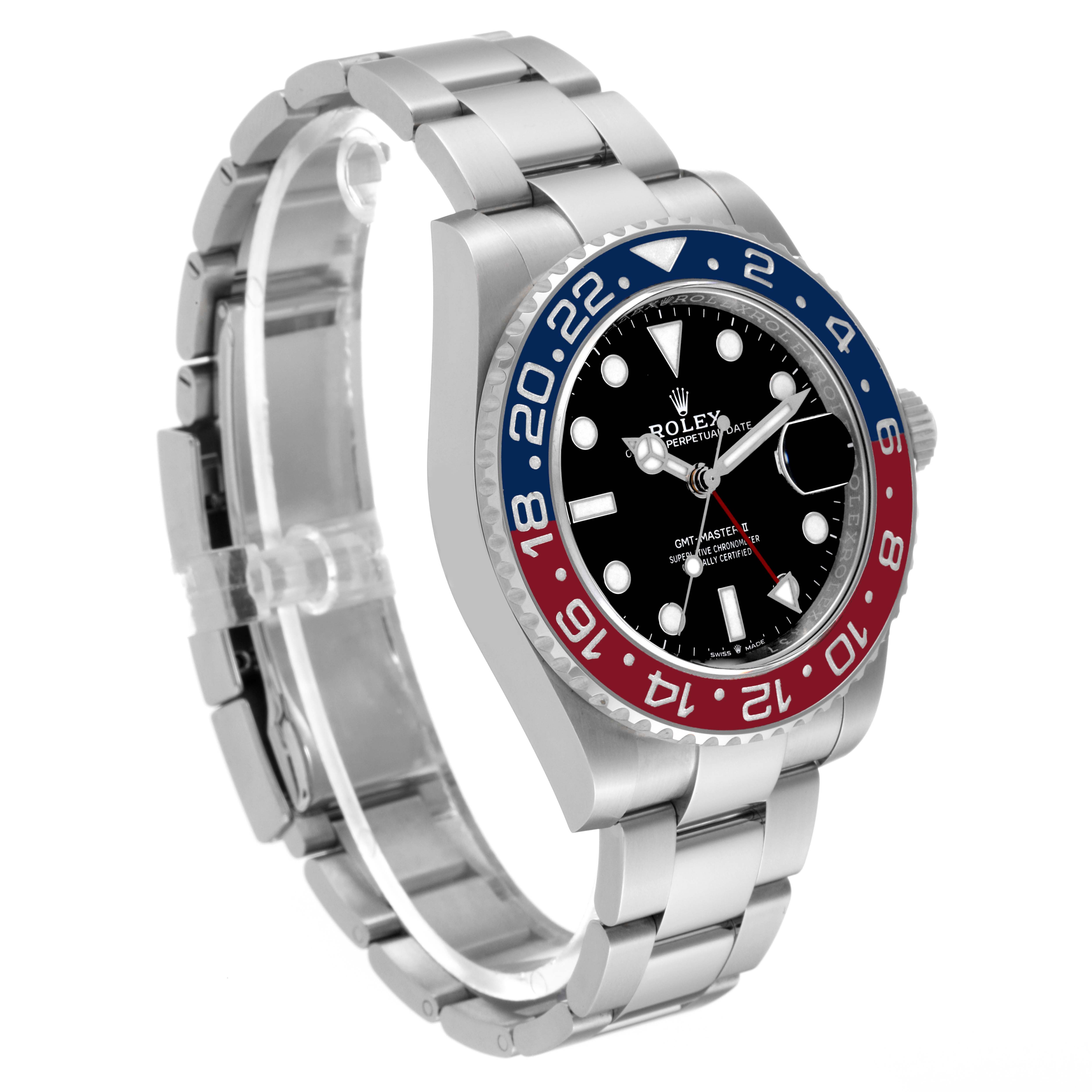 This image shows a side angle view of a Rolex GMT-Master 126710BLRO Men
s Stainless Steel Black Dial 126710BLRO Men
s Stainless Steel Black Dial watch featuring a stainless steel strap and a black dial with a red and blue bezel.