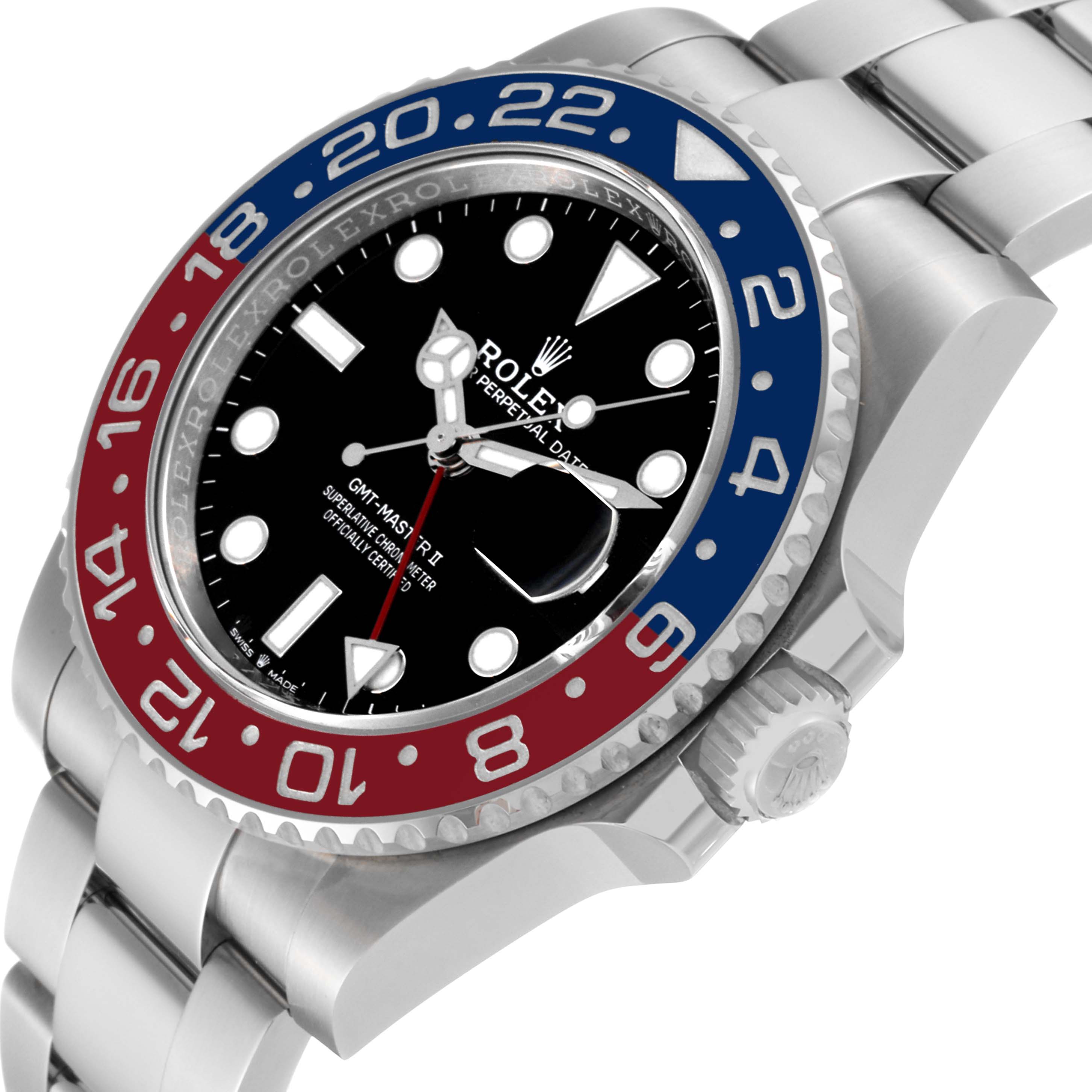 This image shows a side and front angle of the Rolex GMT-Master 126710BLRO Men
s Stainless Steel Black Dial 126710BLRO Men
s Stainless Steel Black Dial II watch, focusing on the bezel, dial, crown, and bracelet.