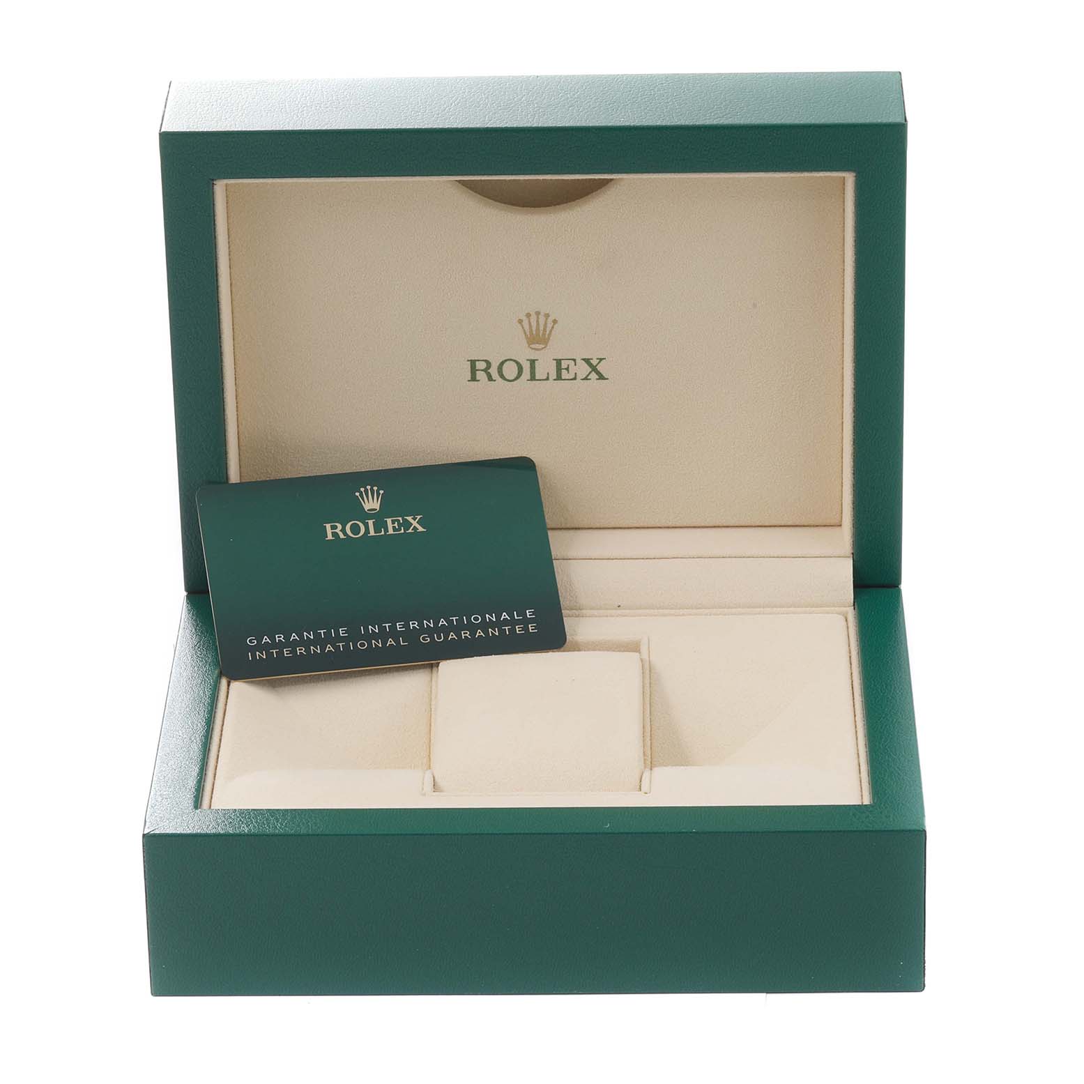 This image shows the open box packaging for a Rolex GMT-Master 126710BLRO Men
s Stainless Steel Black Dial 126710BLRO Men
s Stainless Steel Black Dial with the international guarantee card.