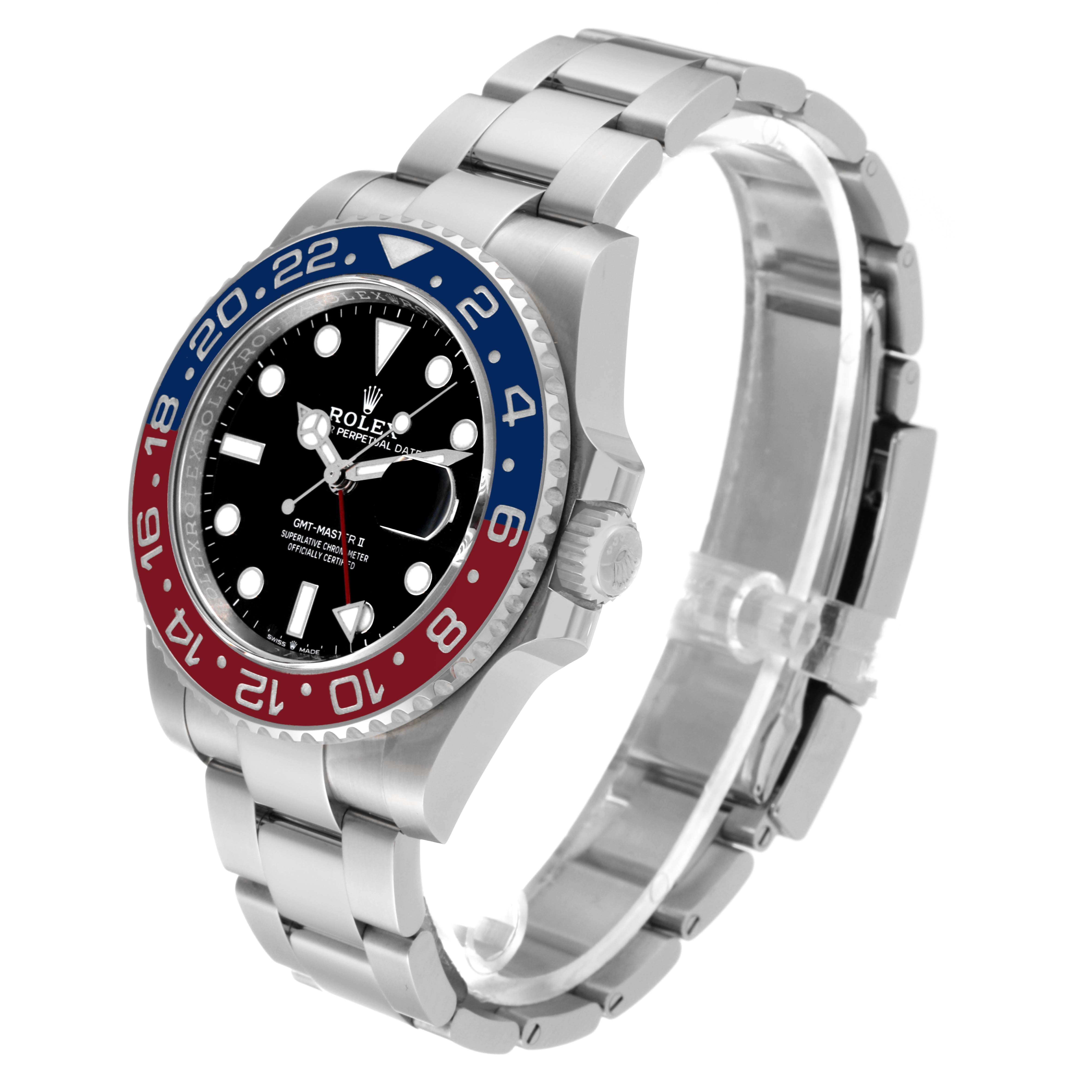 The image shows a Rolex GMT-Master 126710BLRO Men
s Stainless Steel Black Dial 126710BLRO Men
s Stainless Steel Black Dial watch at a three-quarter angle, highlighting its bezel, dial, crown, and bracelet.