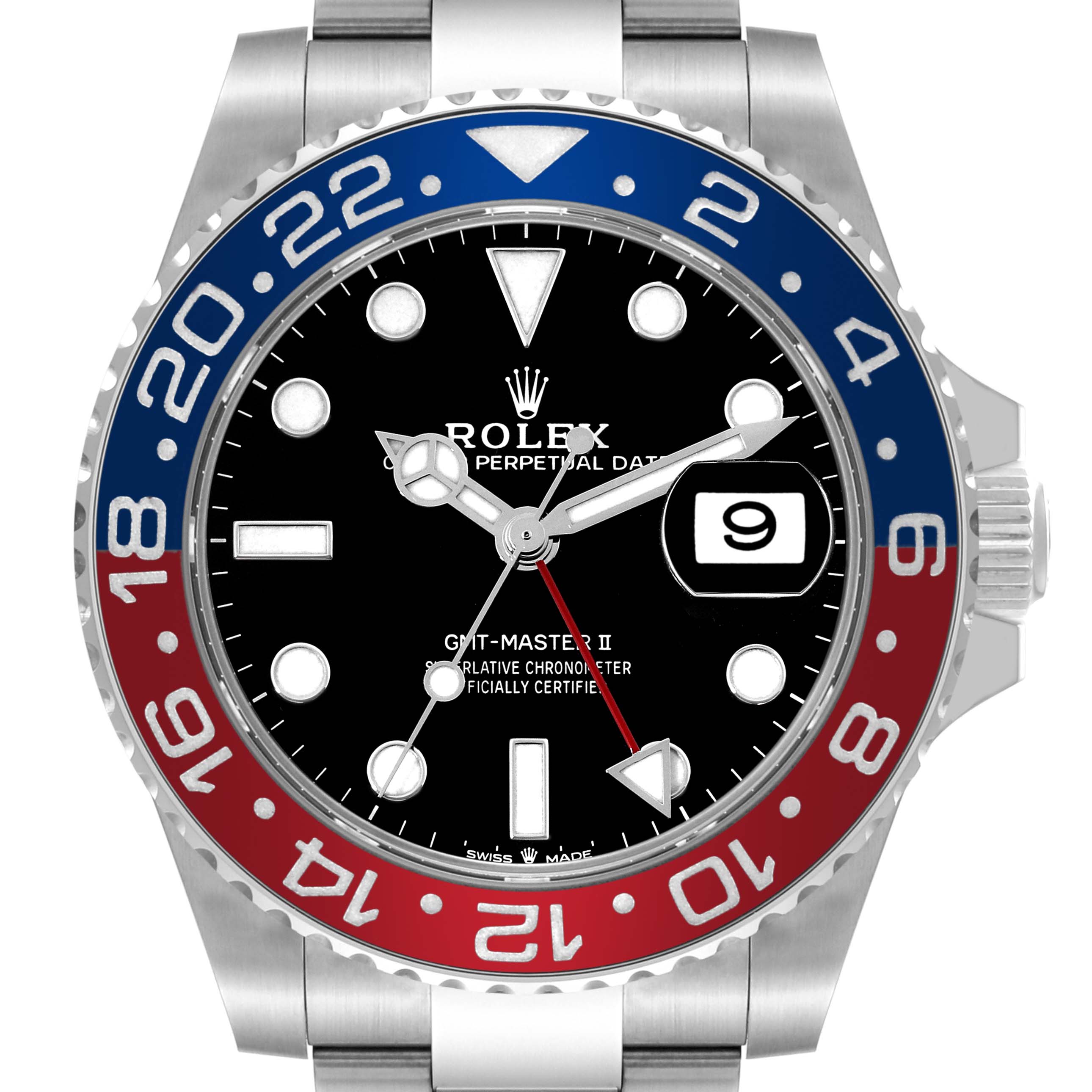 The image shows a front view of a Rolex GMT-Master 126710BLRO Men
s Stainless Steel Black Dial 126710BLRO Men
s Stainless Steel Black Dial II watch, highlighting the dial, bezel, crown, and part of the bracelet.