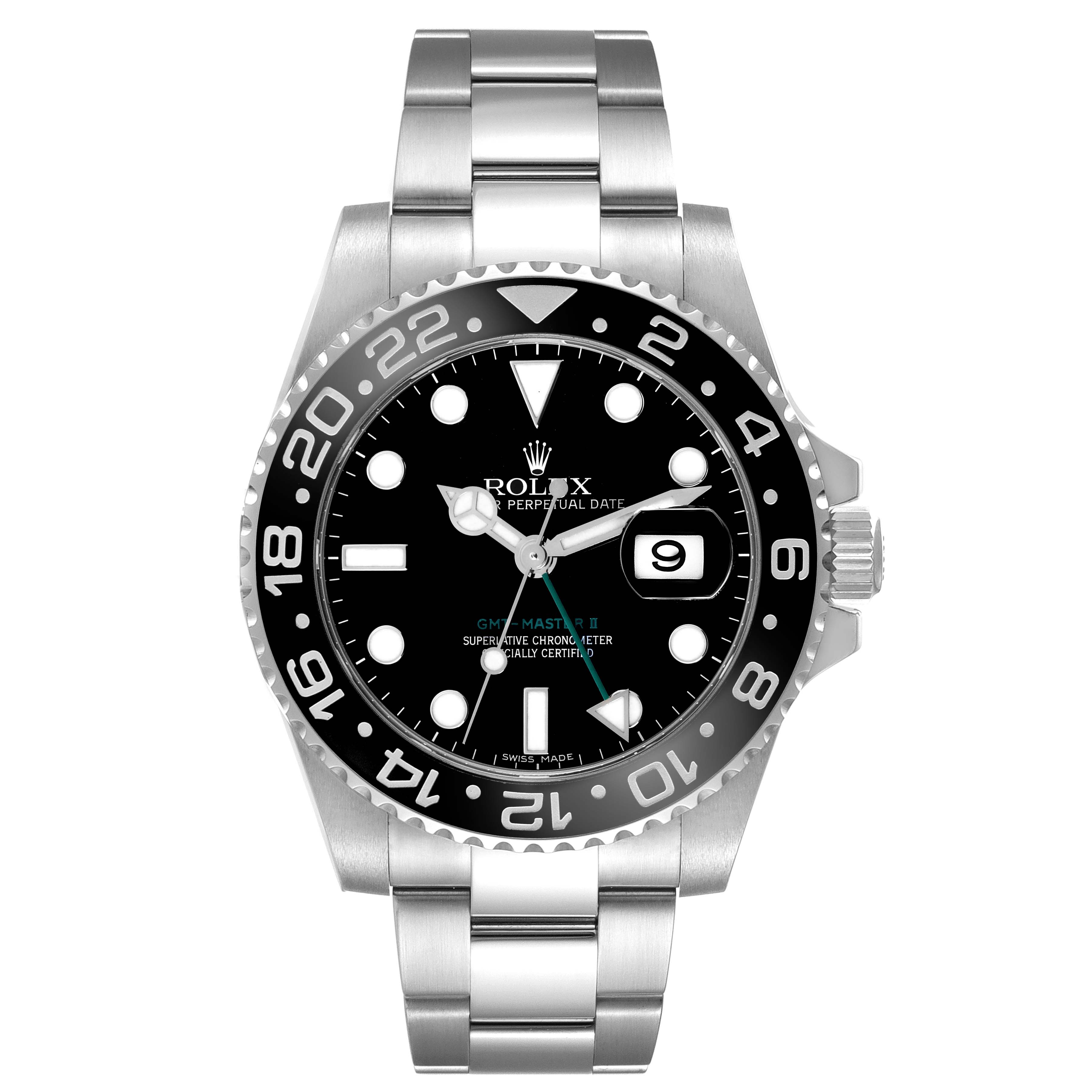 The Rolex GMT-Master 116710 Men's Stainless Steel Black Dial 116710 Men's Stainless Steel Black Dial watch is shown from the front, highlighting the bezel, dial, hands, and bracelet.