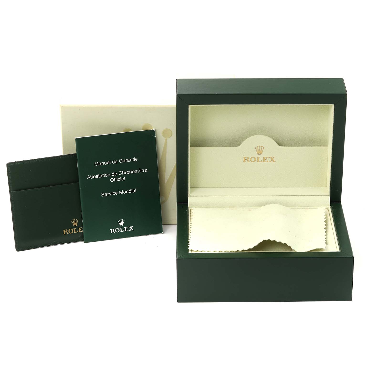 The image shows a Rolex GMT-Master 116710 Men's Stainless Steel Black Dial 116710 Men's Stainless Steel Black Dial box set, including an open watch box, manuals, and warranty card at a front angle.