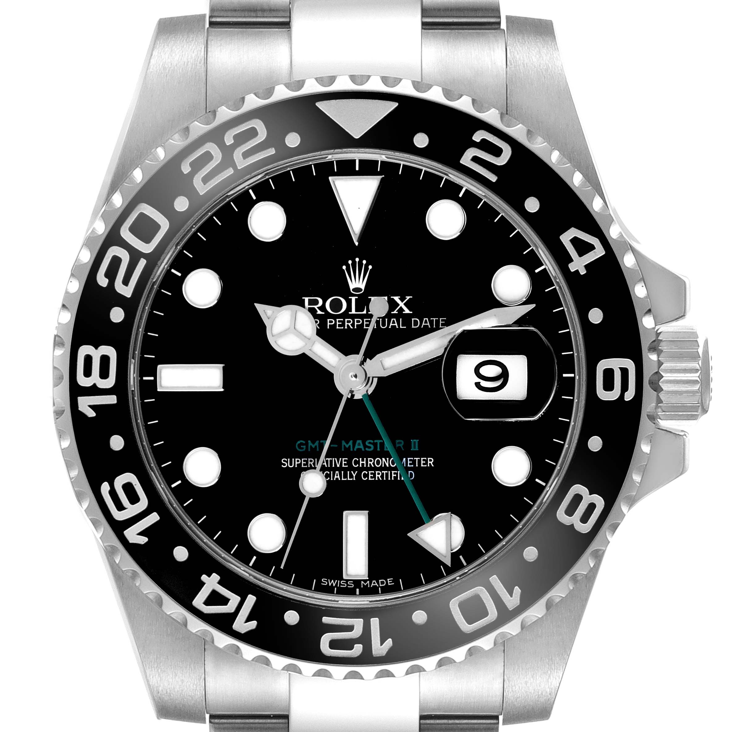 The Rolex GMT-Master 116710 Men's Stainless Steel Black Dial 116710 Men's Stainless Steel Black Dial II is shown from a front angle, highlighting the bezel, dial, hands, date window, and markers.