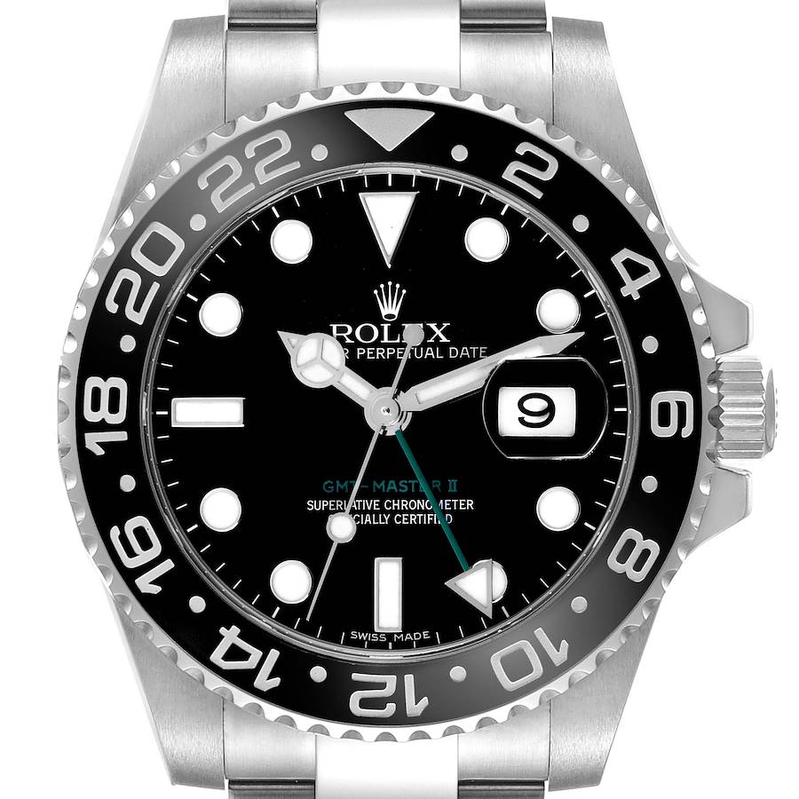 The Rolex GMT-Master II is shown from a front angle, highlighting the bezel, dial, hands, date window, and markers.