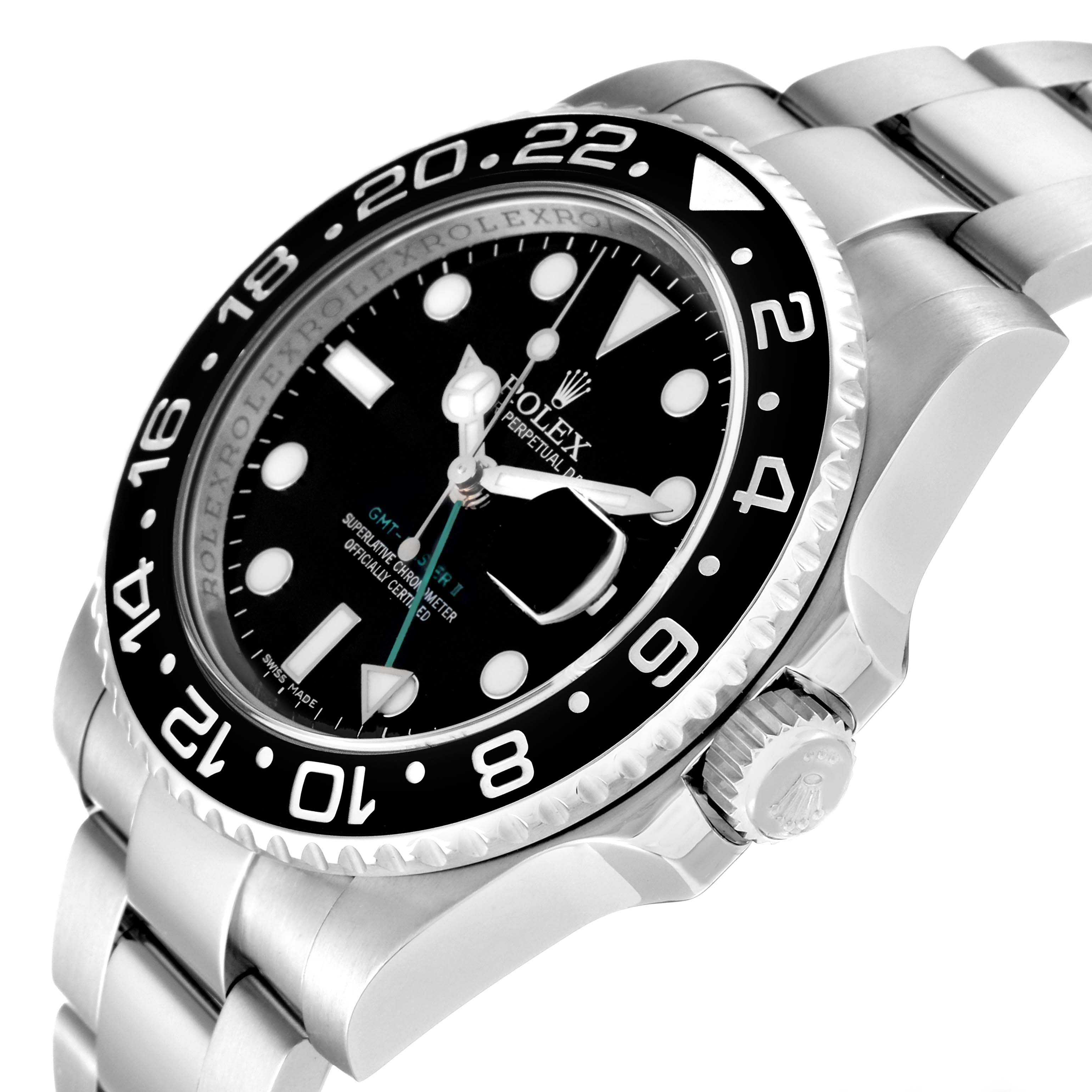 The Rolex GMT-Master 116710 Men's Stainless Steel Black Dial 116710 Men's Stainless Steel Black Dial watch is shown from an angled side view, highlighting the bezel, dial, crown, and bracelet.