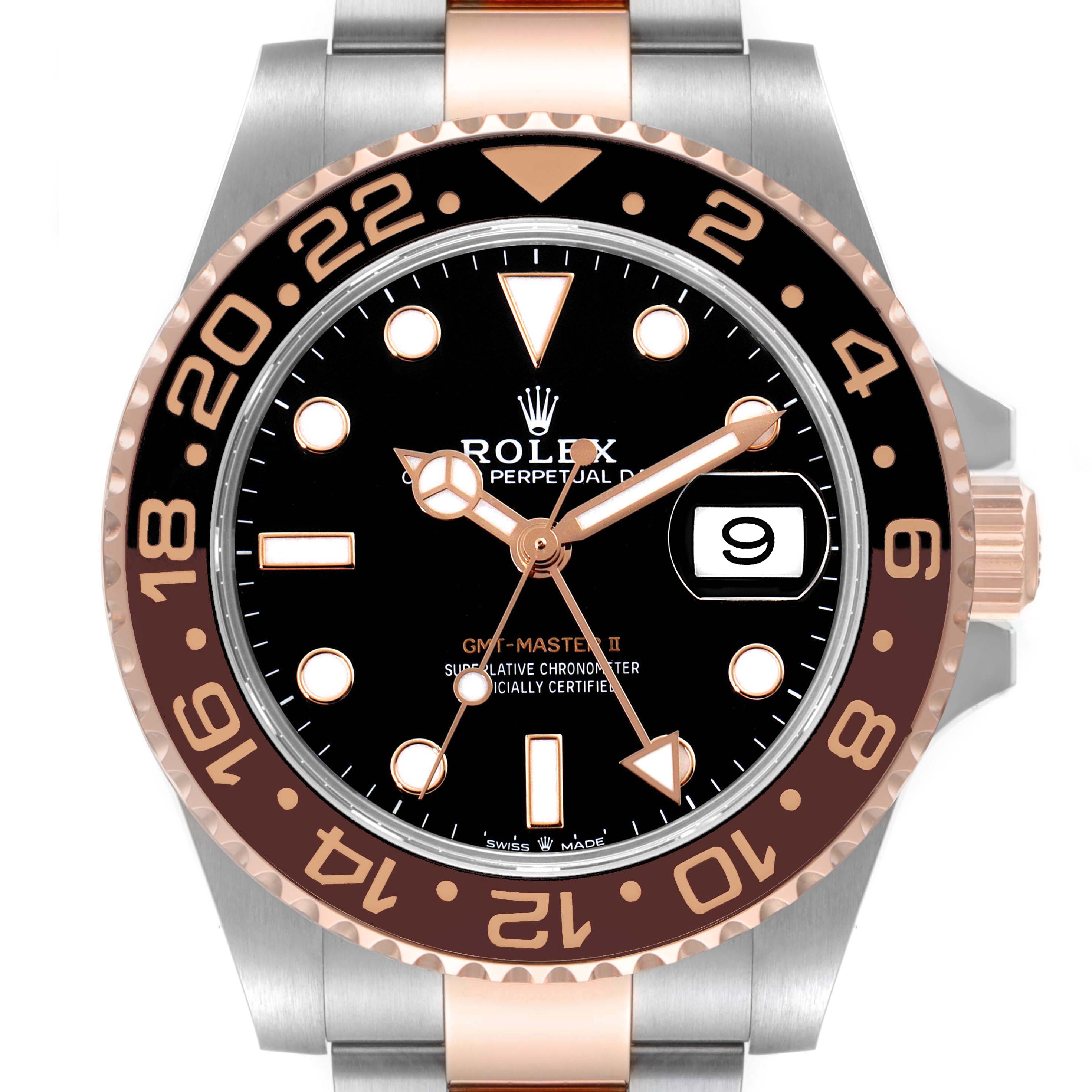 The image shows a front view of the Rolex GMT-Master 126711CHNR Men's Steel and Gold (two tone) Black Dial 126711CHNR Men's Steel and Gold (two tone) Black Dial II watch, highlighting its bezel, dial, hands, and date display.