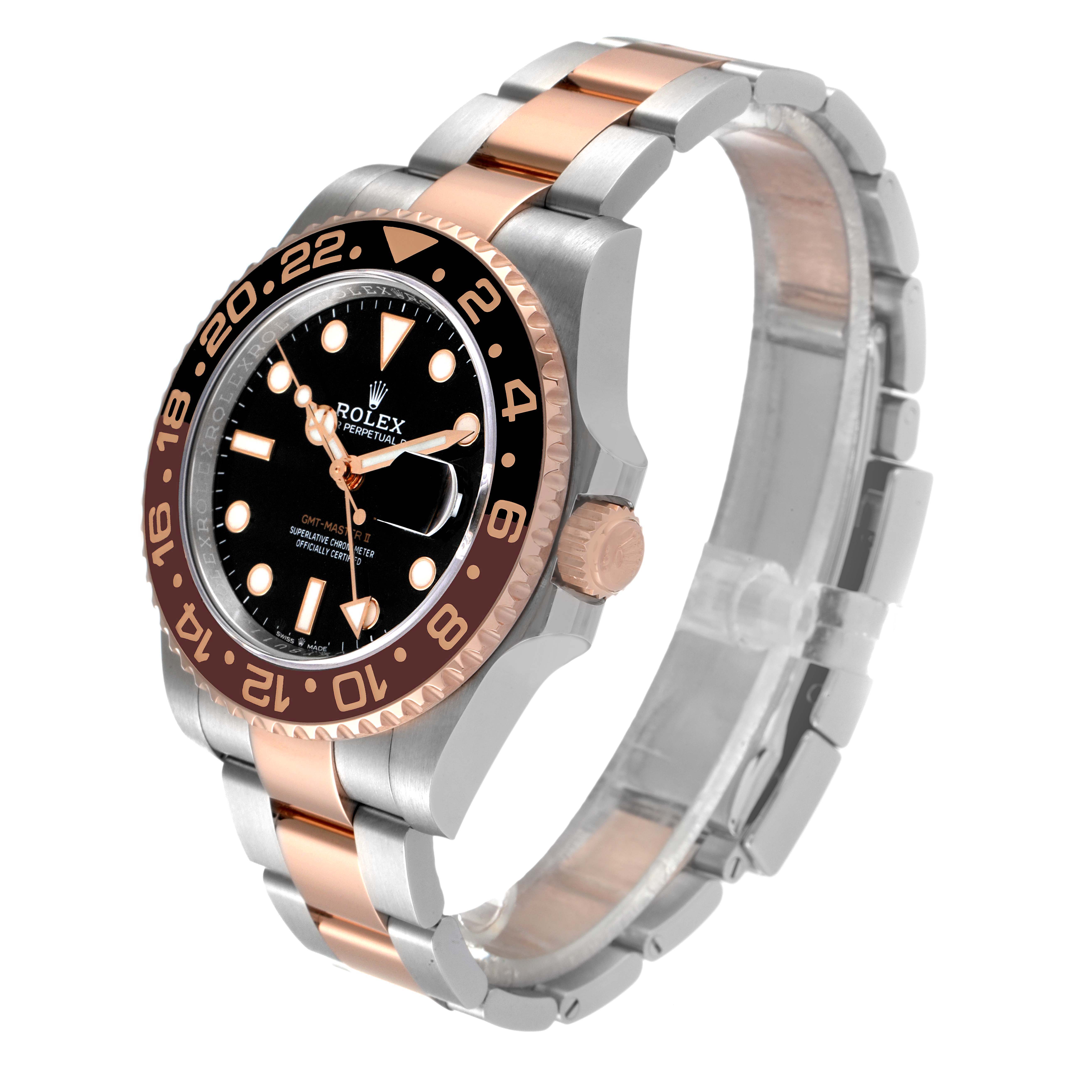 The image shows a Rolex GMT-Master 126711CHNR Men's Steel and Gold (two tone) Black Dial 126711CHNR Men's Steel and Gold (two tone) Black Dial watch at a slight angle, highlighting the face, bezel, crown, and two-tone band.