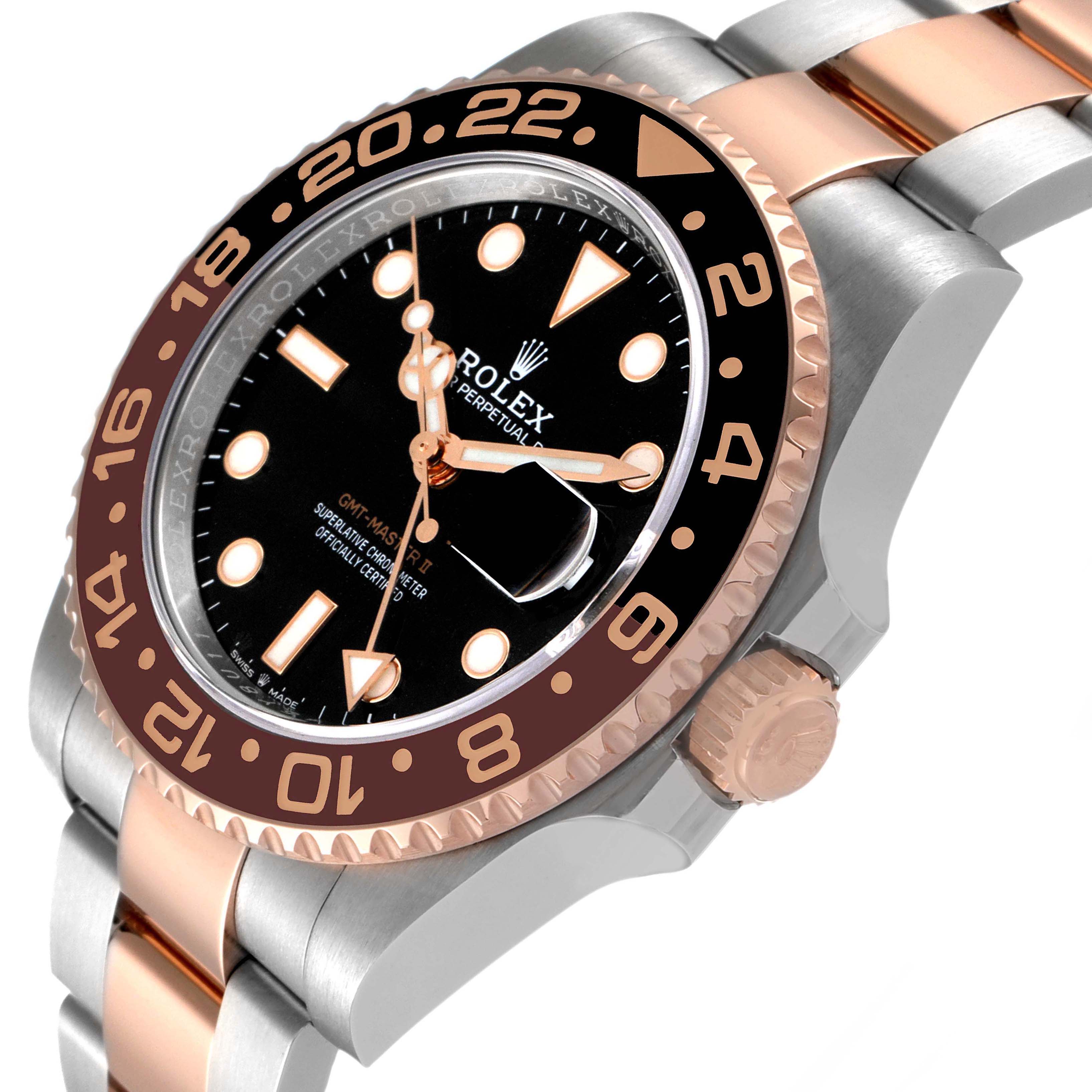 The image shows a side angle of a Rolex GMT-Master 126711CHNR Men's Steel and Gold (two tone) Black Dial 126711CHNR Men's Steel and Gold (two tone) Black Dial watch, highlighting the bezel, dial, crown, and part of the bracelet.