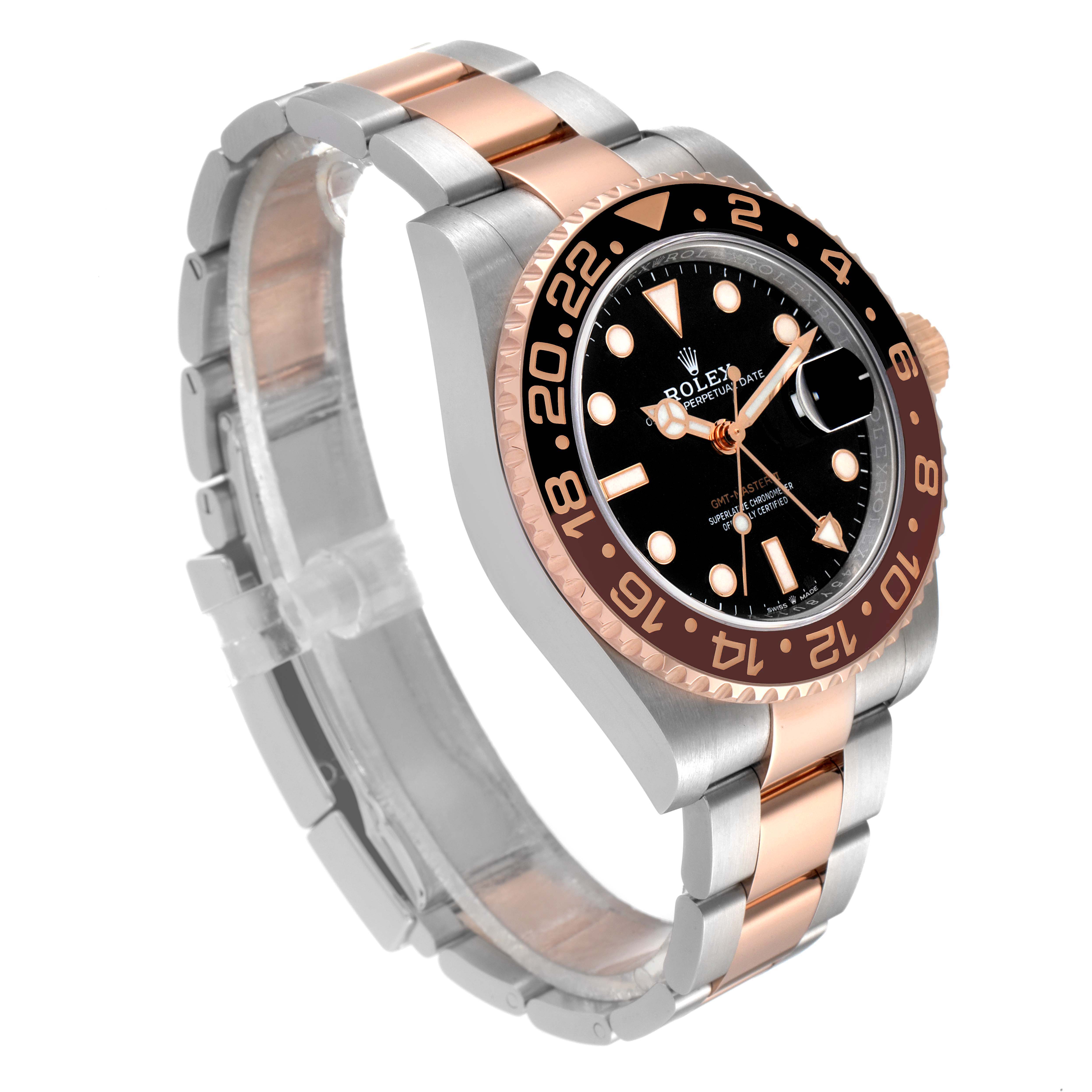 The Rolex GMT-Master 126711CHNR Men's Steel and Gold (two tone) Black Dial 126711CHNR Men's Steel and Gold (two tone) Black Dial watch is shown at a three-quarter angle, displaying the face, bezel, and two-tone bracelet.