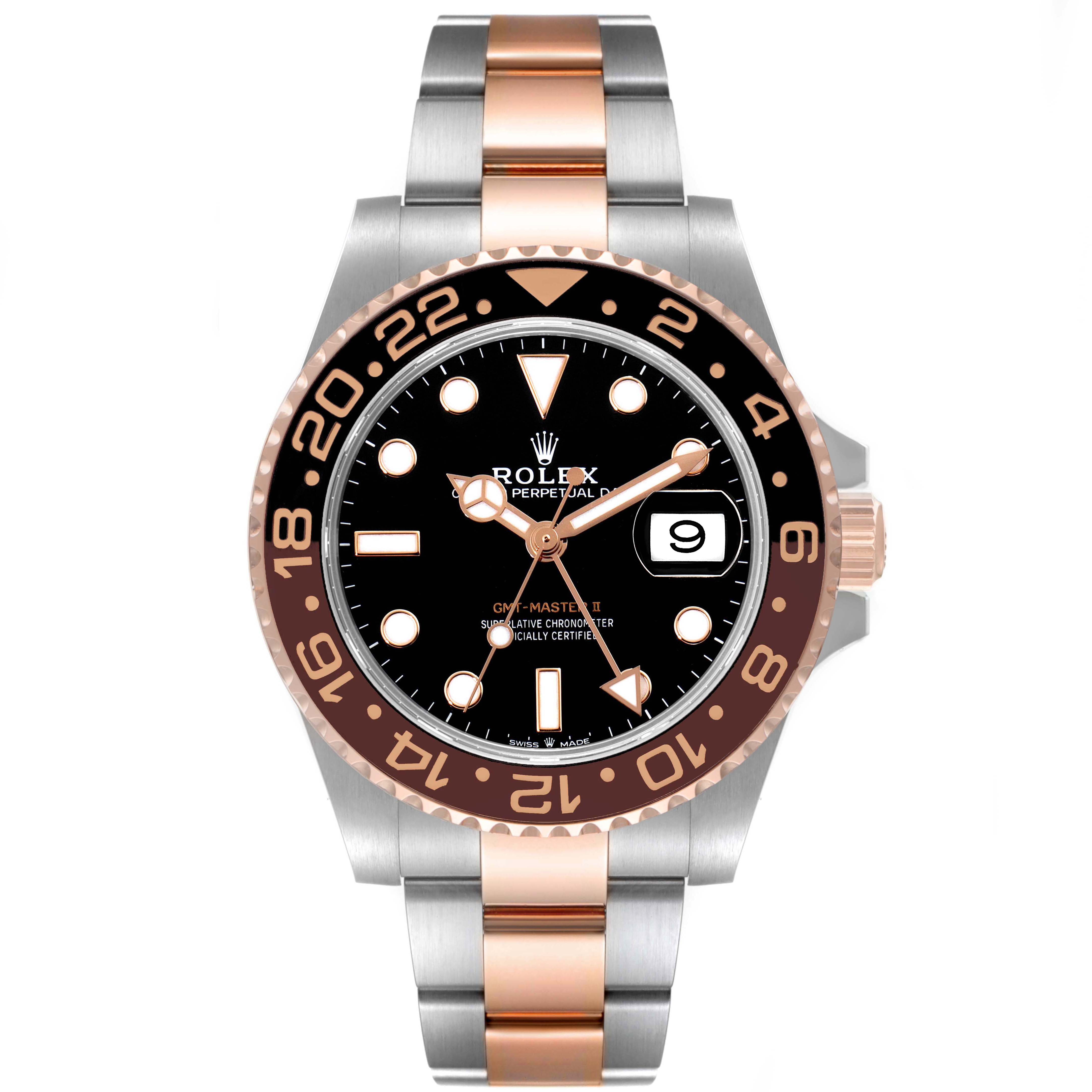 This image shows a frontal view of the Rolex GMT-Master 126711CHNR Men's Steel and Gold (two tone) Black Dial 126711CHNR Men's Steel and Gold (two tone) Black Dial watch, displaying its face, bezel, and band.