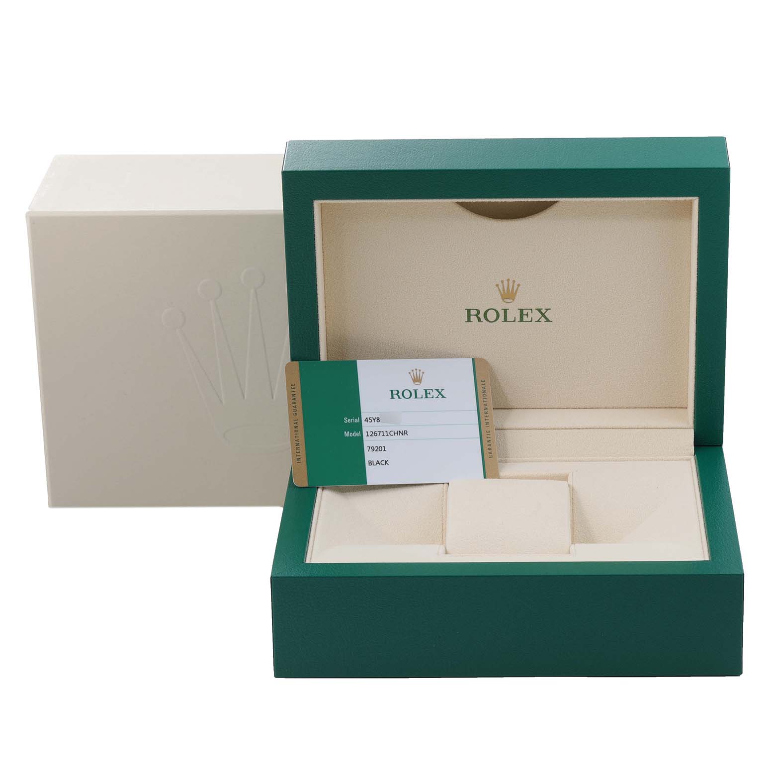 The image shows the open packaging box and warranty card of the Rolex GMT-Master 126711CHNR Men's Steel and Gold (two tone) Black Dial 126711CHNR Men's Steel and Gold (two tone) Black Dial model.