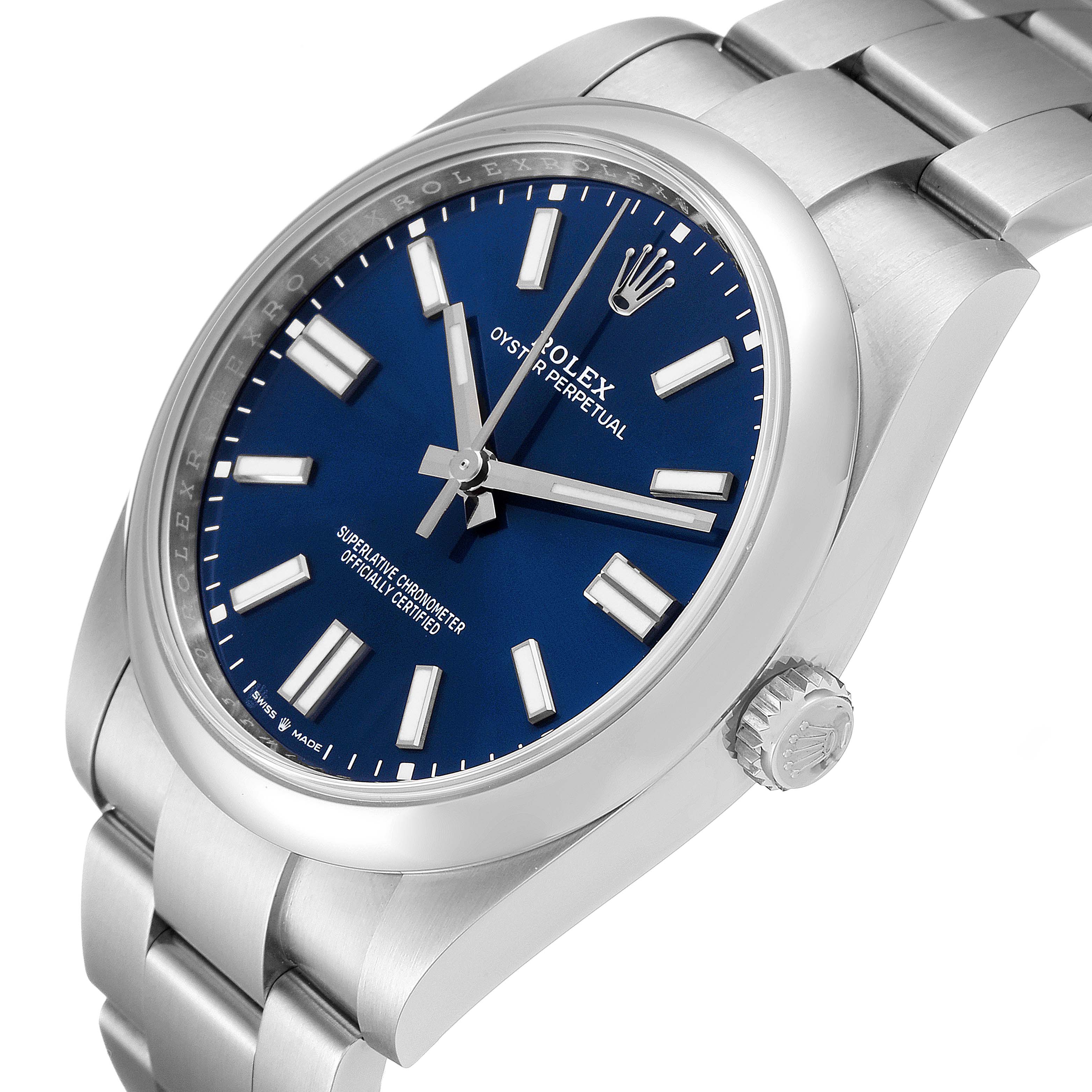 This image shows a side angle of the Rolex Oyster Perpetual 124300 Men's Stainless Steel Blue Dial 124300 Men's Stainless Steel Blue Dial watch, highlighting its blue dial, stainless steel case, and bracelet.
