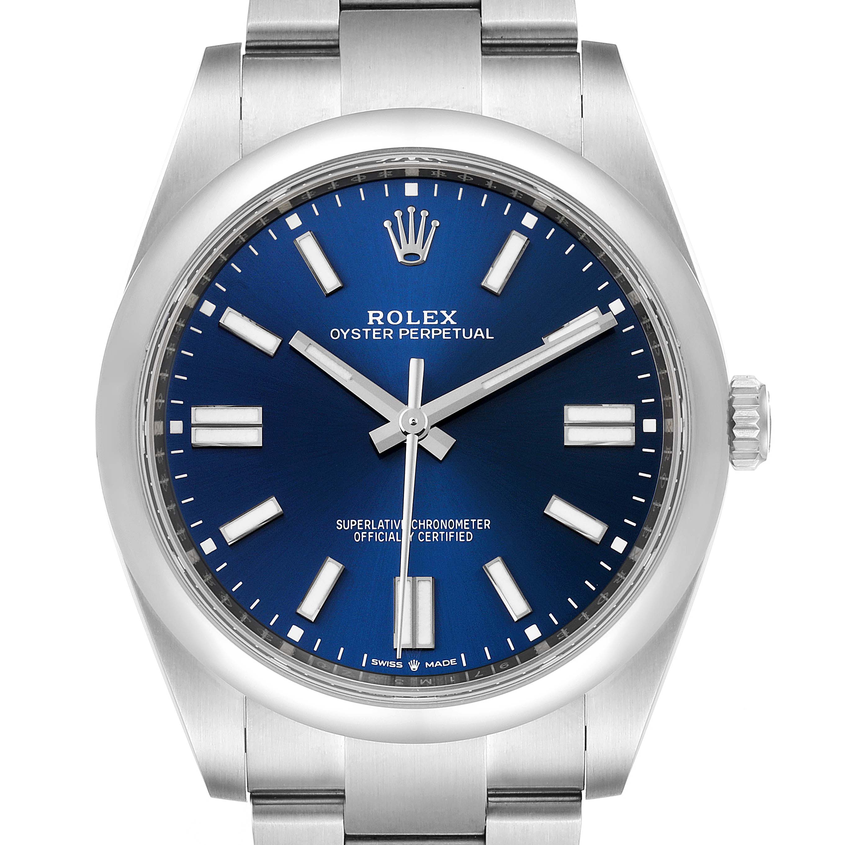 The image shows a front view of a Rolex Oyster Perpetual 124300 Men's Stainless Steel Blue Dial 124300 Men's Stainless Steel Blue Dial watch, displaying its blue dial, silver indices, and metal bracelet.