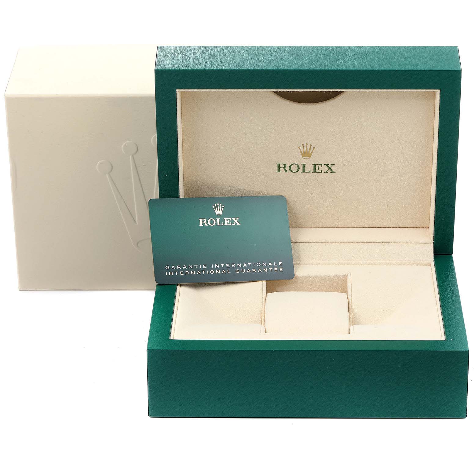 The image shows the open box and guarantee card of a Rolex Oyster Perpetual 124300 Men's Stainless Steel Blue Dial 124300 Men's Stainless Steel Blue Dial watch.