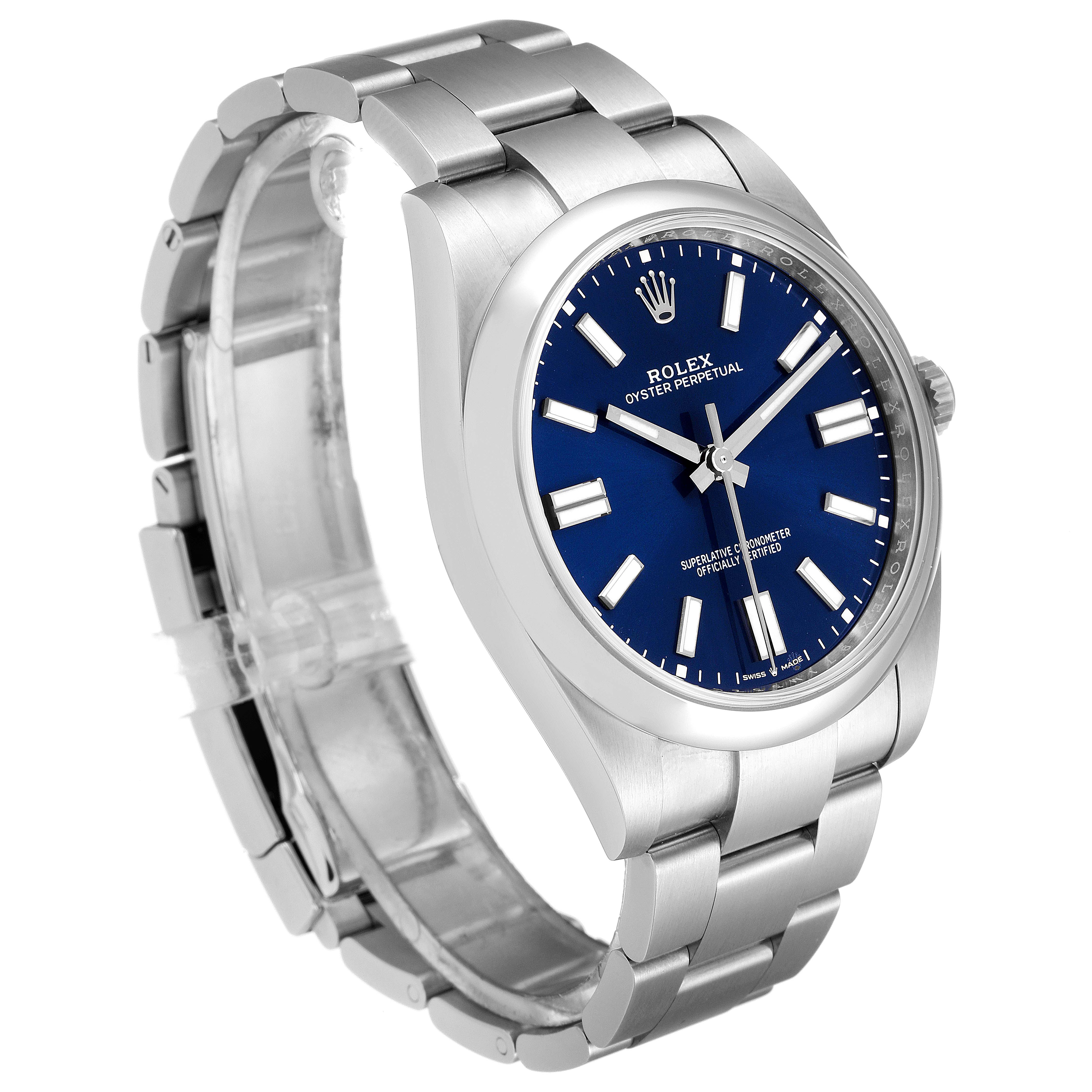 The image shows the Rolex Oyster Perpetual 124300 Men's Stainless Steel Blue Dial 124300 Men's Stainless Steel Blue Dial watch at a slight side angle, highlighting its blue dial, bracelet, and case.