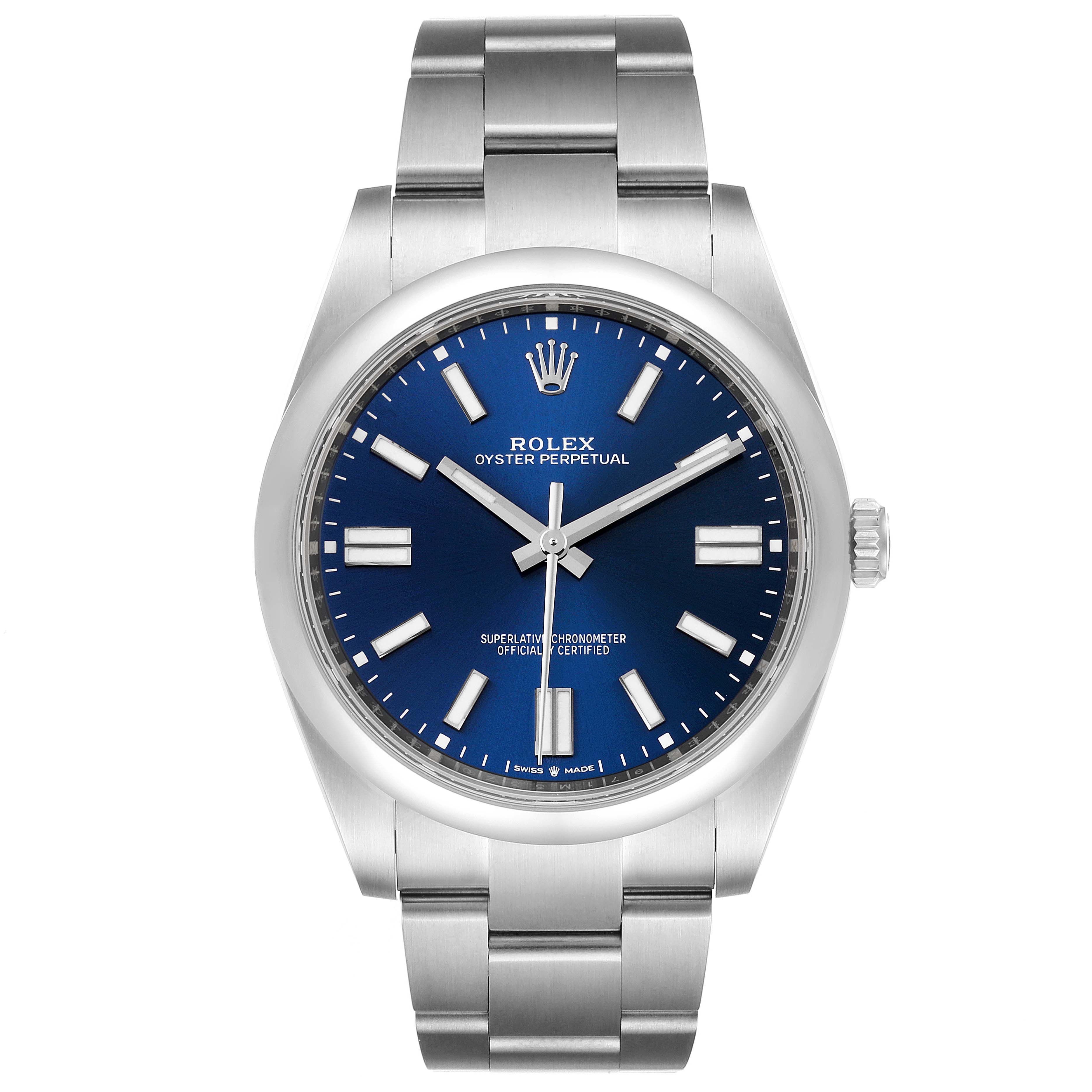 The image shows a frontal view of a Rolex Oyster Perpetual 124300 Men's Stainless Steel Blue Dial 124300 Men's Stainless Steel Blue Dial watch with a blue dial and stainless steel bracelet.
