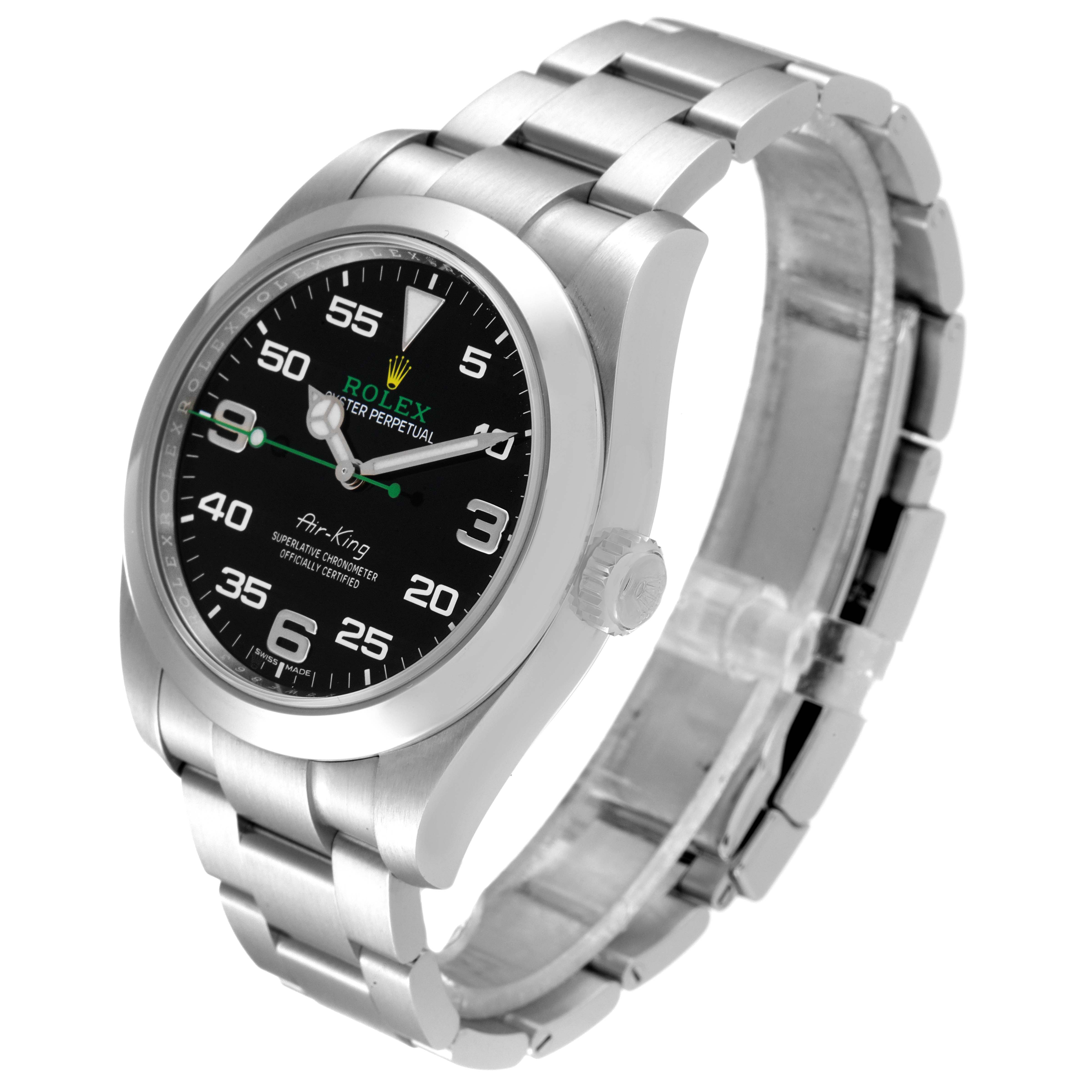 This image shows a Rolex Air-King 116900 Men's Stainless Steel Black Dial 116900 Men's Stainless Steel Black Dial watch at a slight angle, highlighting its face, crown, and stainless steel bracelet.