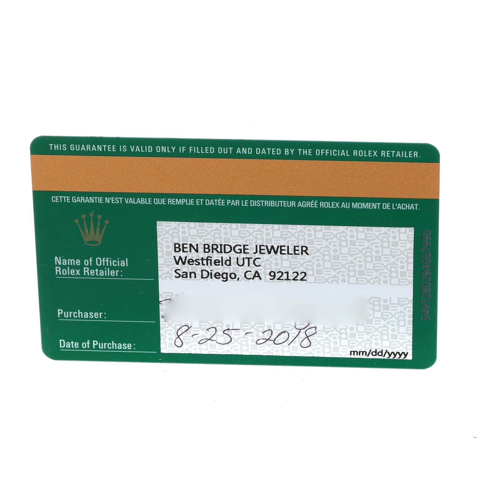This image shows a warranty card for the Rolex Air-King 116900 Men's Stainless Steel Black Dial 116900 Men's Stainless Steel Black Dial, including the retailer's details and date of purchase.
