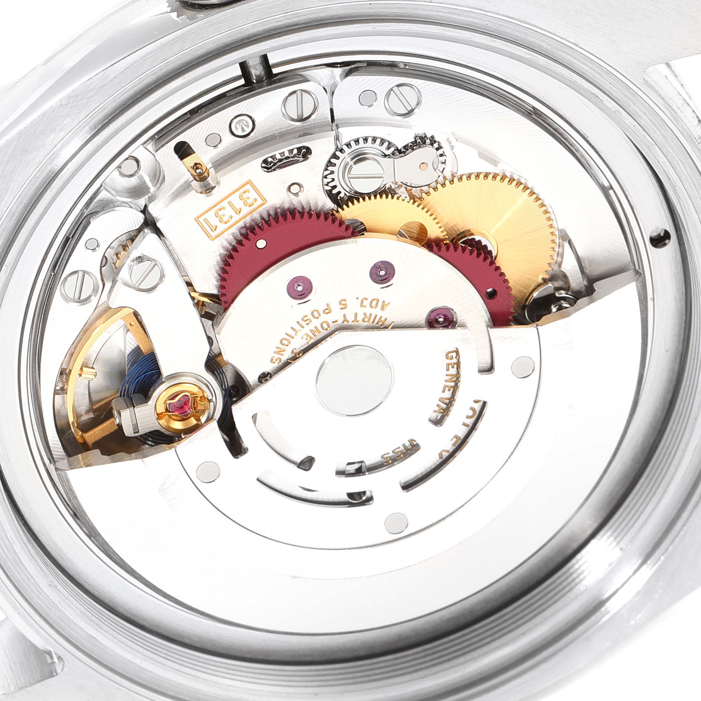 This image shows the internal mechanism of the Rolex Air-King 116900 Men's Stainless Steel Black Dial 116900 Men's Stainless Steel Black Dial watch viewed from the back.