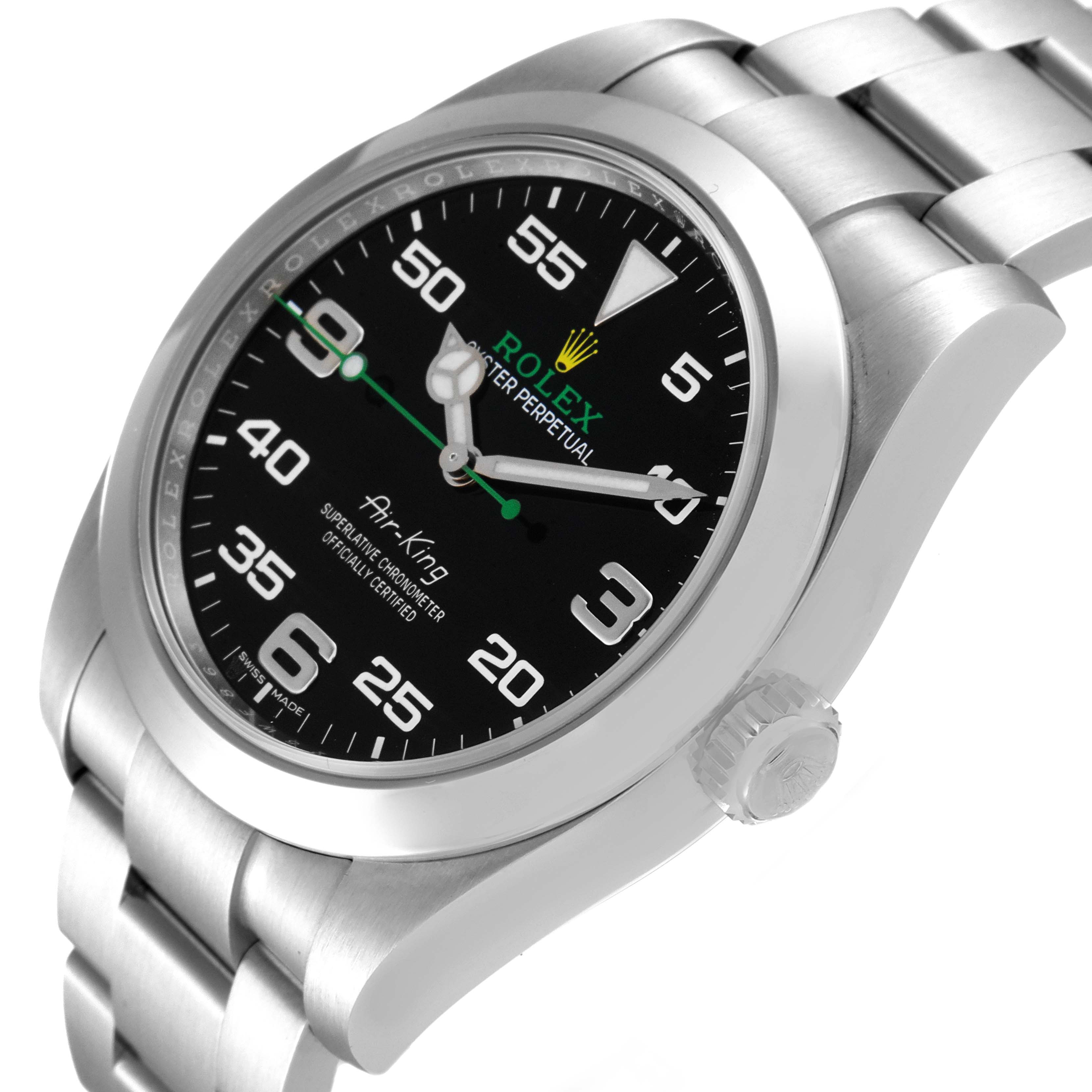 The image shows a Rolex Air-King 116900 Men's Stainless Steel Black Dial 116900 Men's Stainless Steel Black Dial watch from an oblique angle, highlighting the face, bezel, and bracelet.