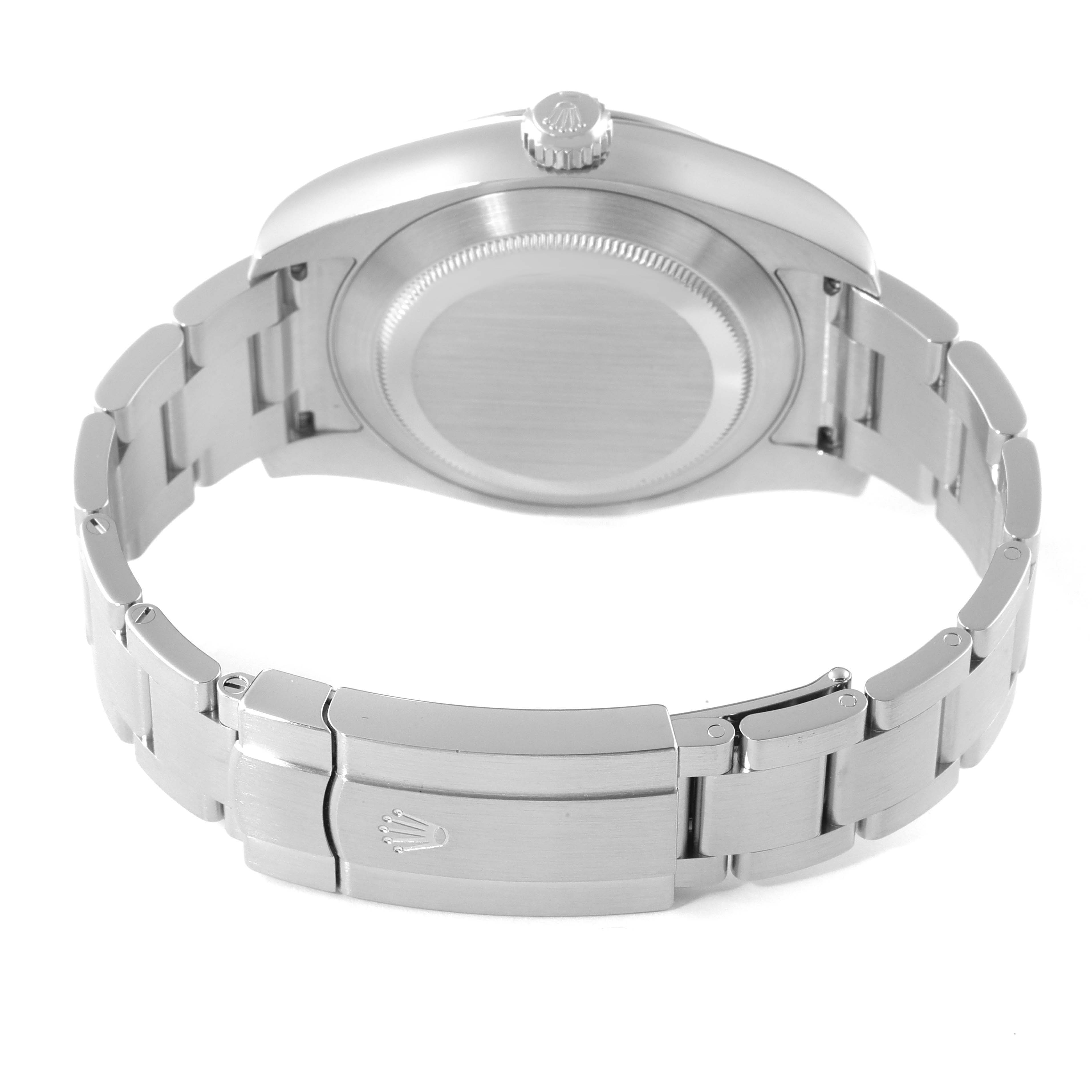 The image shows the back of the Rolex Air-King 116900 Men's Stainless Steel Black Dial 116900 Men's Stainless Steel Black Dial watch, highlighting its case back, crown, and bracelet with the clasp open.