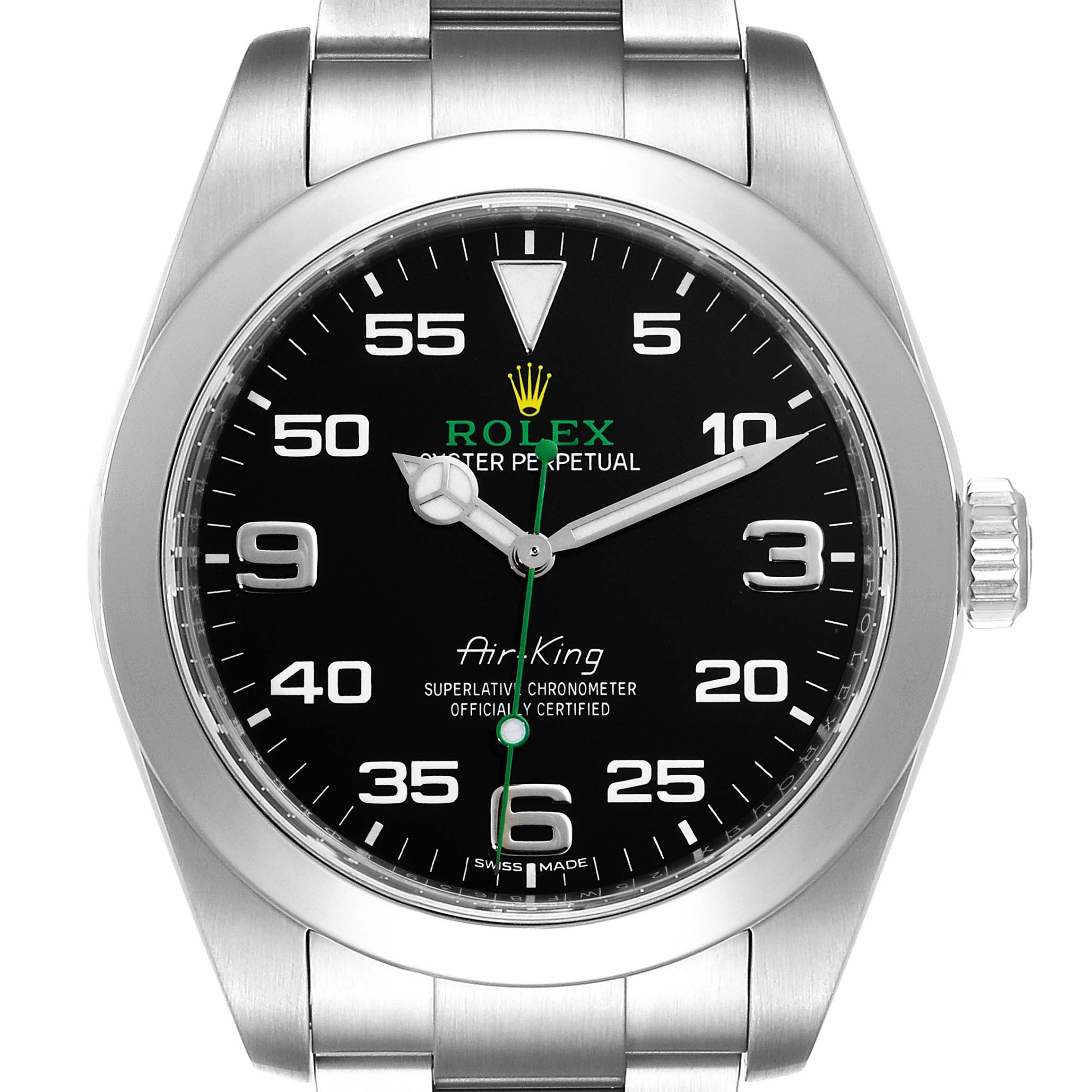 The image shows a front view of the Rolex Air-King 116900 Men's Stainless Steel Black Dial 116900 Men's Stainless Steel Black Dial watch, displaying the dial, bezel, crown, and part of the bracelet.
