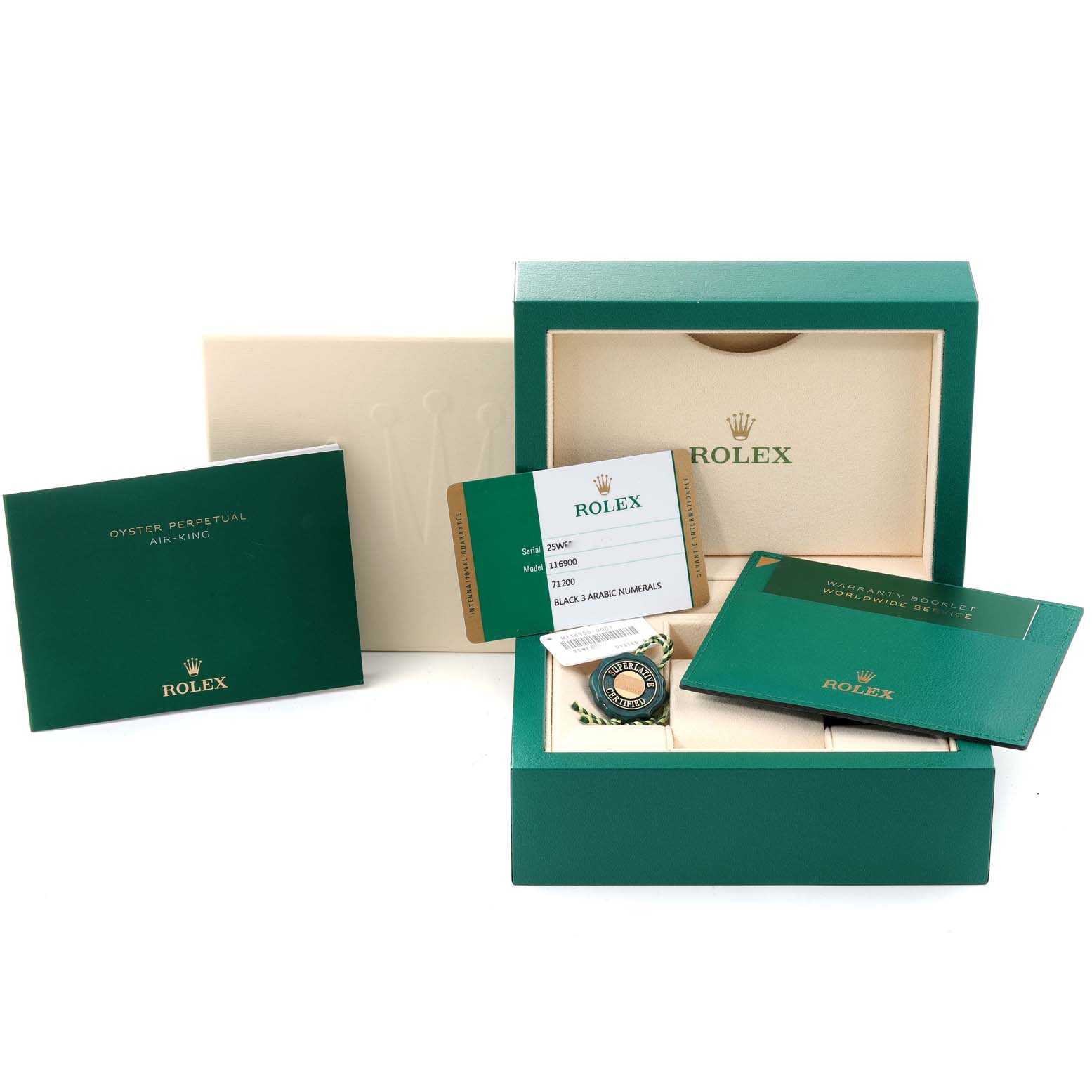 The image shows Rolex Air-King 116900 Men's Stainless Steel Black Dial 116900 Men's Stainless Steel Black Dial packaging, manuals, a warranty card, and a seal, but no watch is visible.