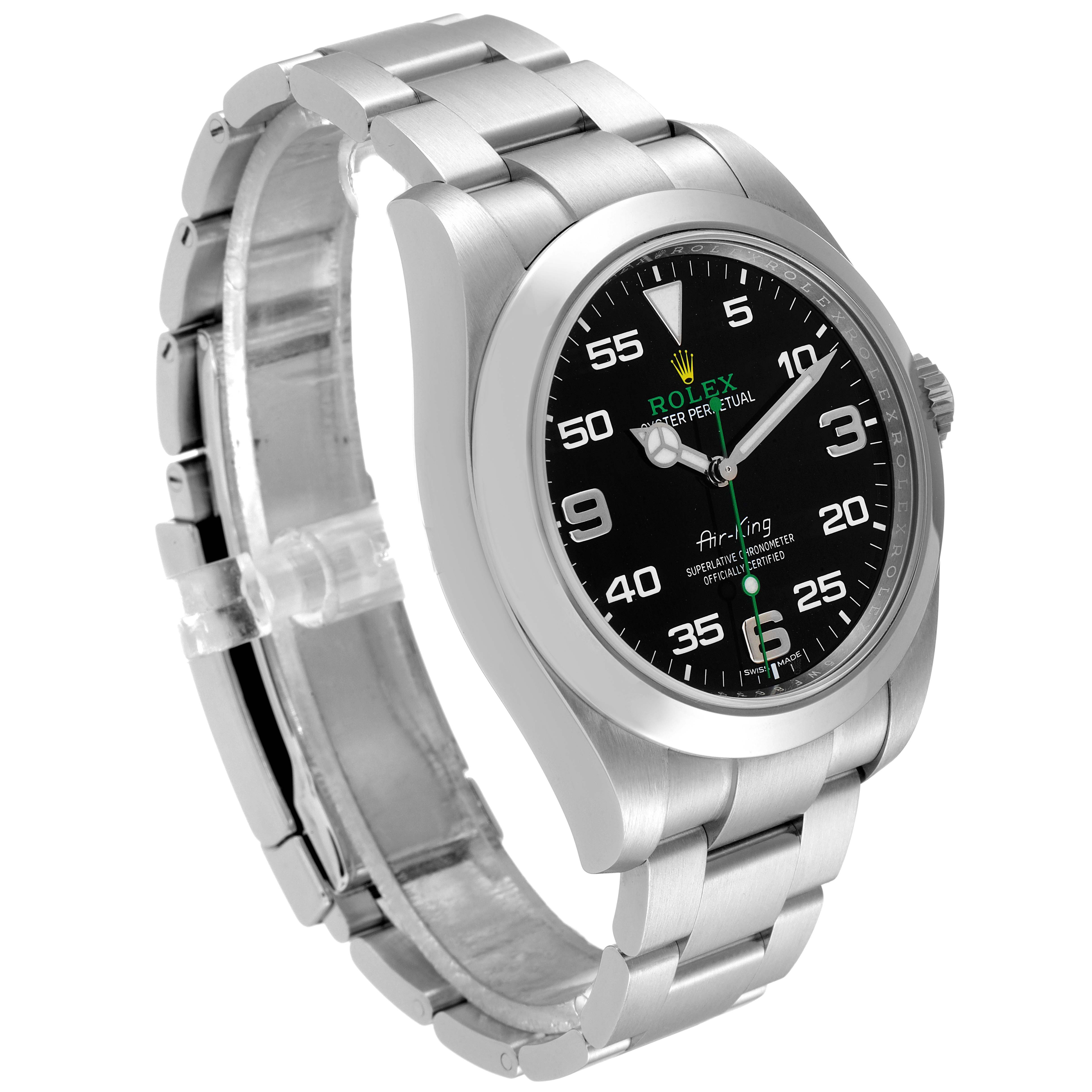 The image shows a Rolex Air-King 116900 Men's Stainless Steel Black Dial 116900 Men's Stainless Steel Black Dial watch at a three-quarter angle, displaying the watch face, bezel, and bracelet.