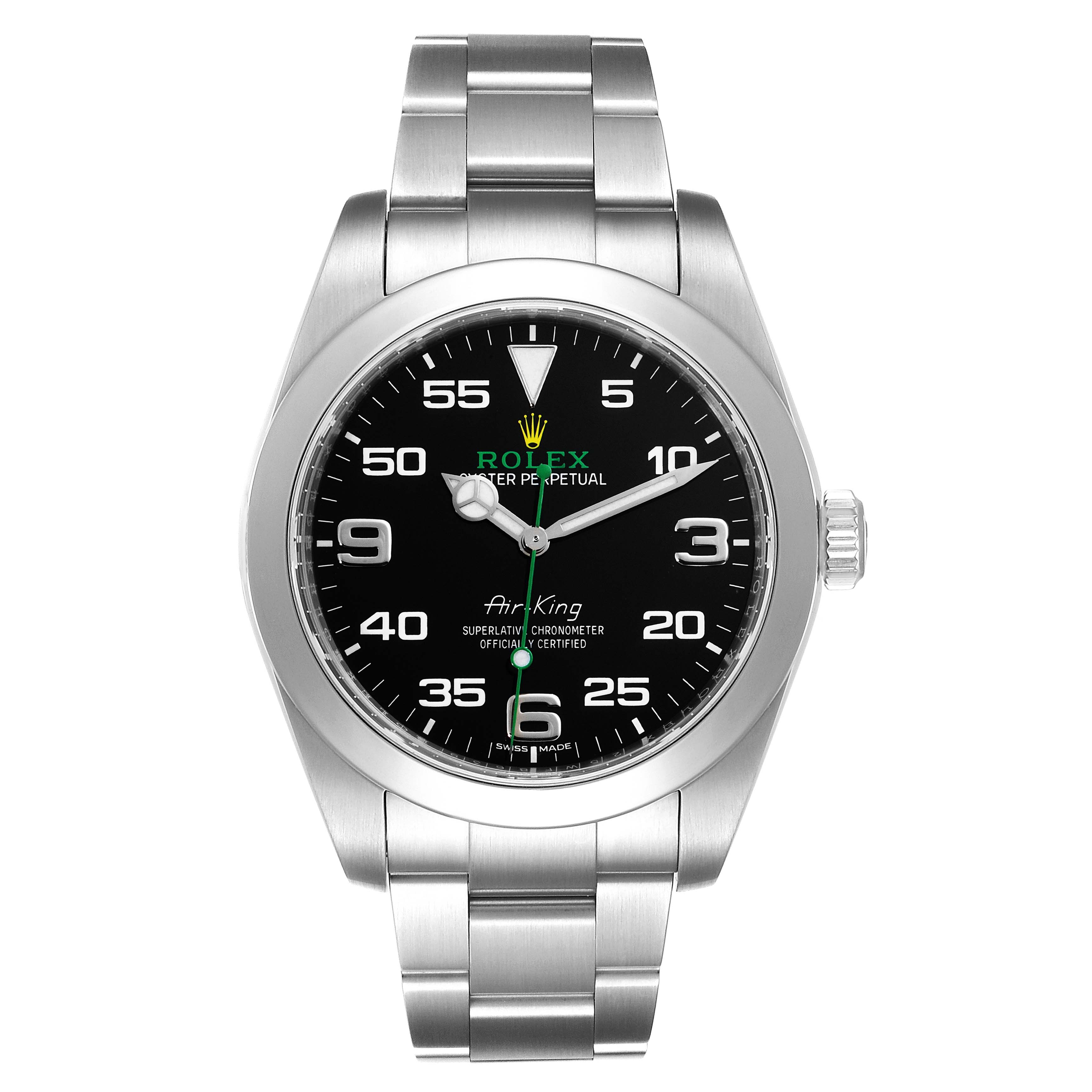 This image shows a front view of the Rolex Air-King 116900 Men's Stainless Steel Black Dial 116900 Men's Stainless Steel Black Dial model, highlighting the dial, bezel, and bracelet.