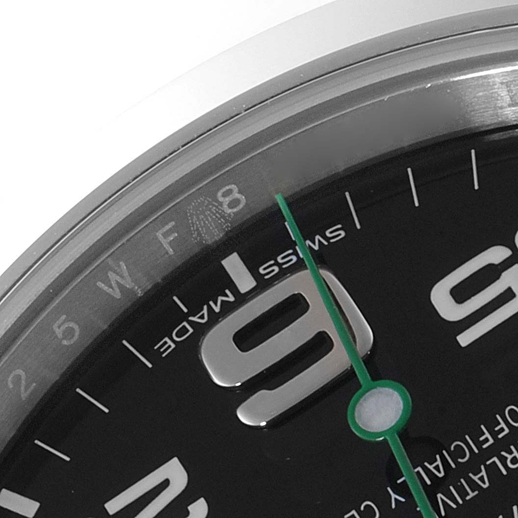 The image shows a close-up of the dial of a Rolex Air-King 116900 Men's Stainless Steel Black Dial 116900 Men's Stainless Steel Black Dial watch, highlighting the 9 o'clock marker and the minute markers.