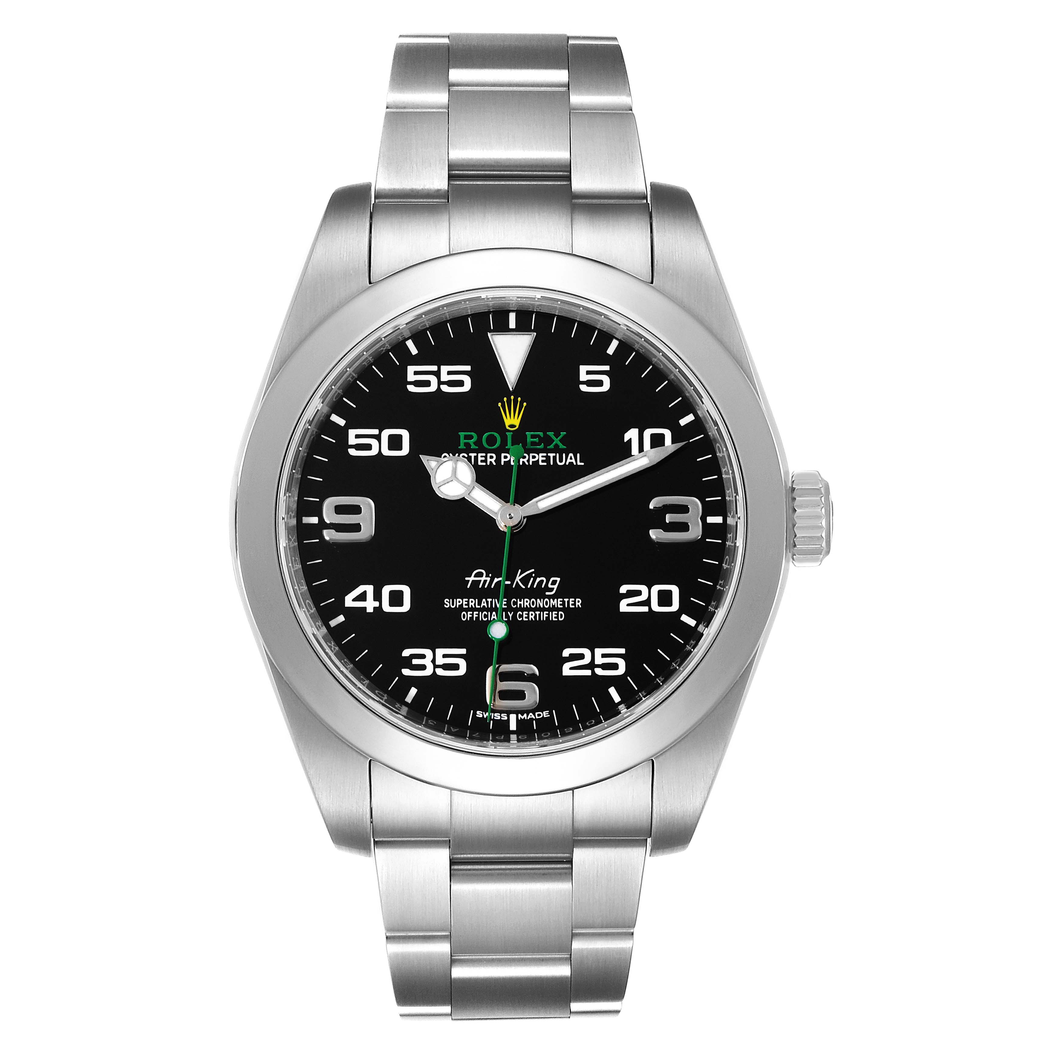 The image shows a front view of the Rolex Air-King 116900 Men's Stainless Steel Black Dial 116900 Men's Stainless Steel Black Dial watch, showcasing its black dial, stainless steel case, and bracelet.