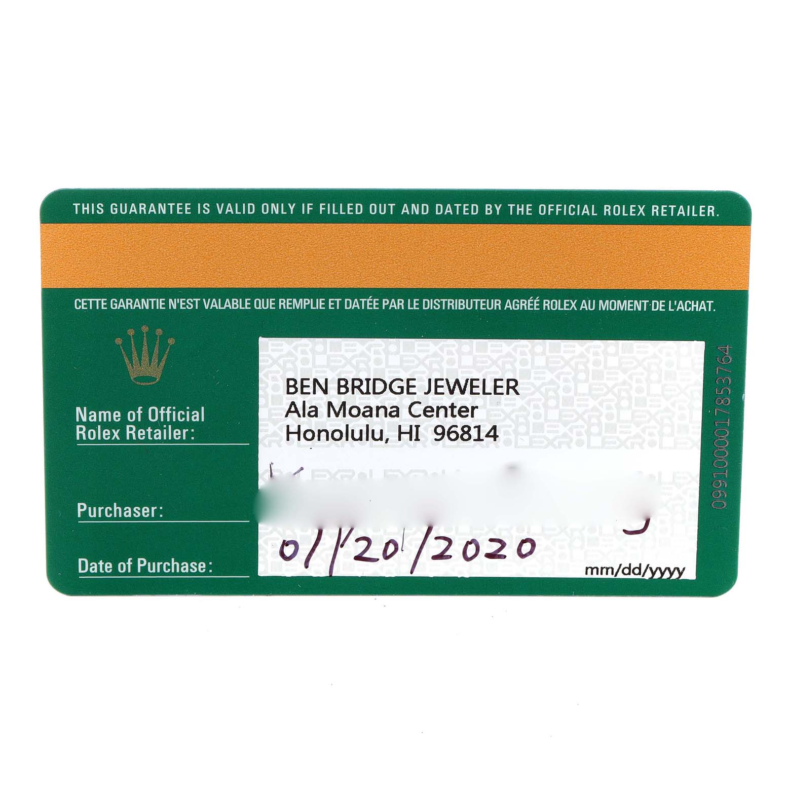 The image shows a guarantee card for an Air-King model by Rolex, detailing the retailer and purchase date.