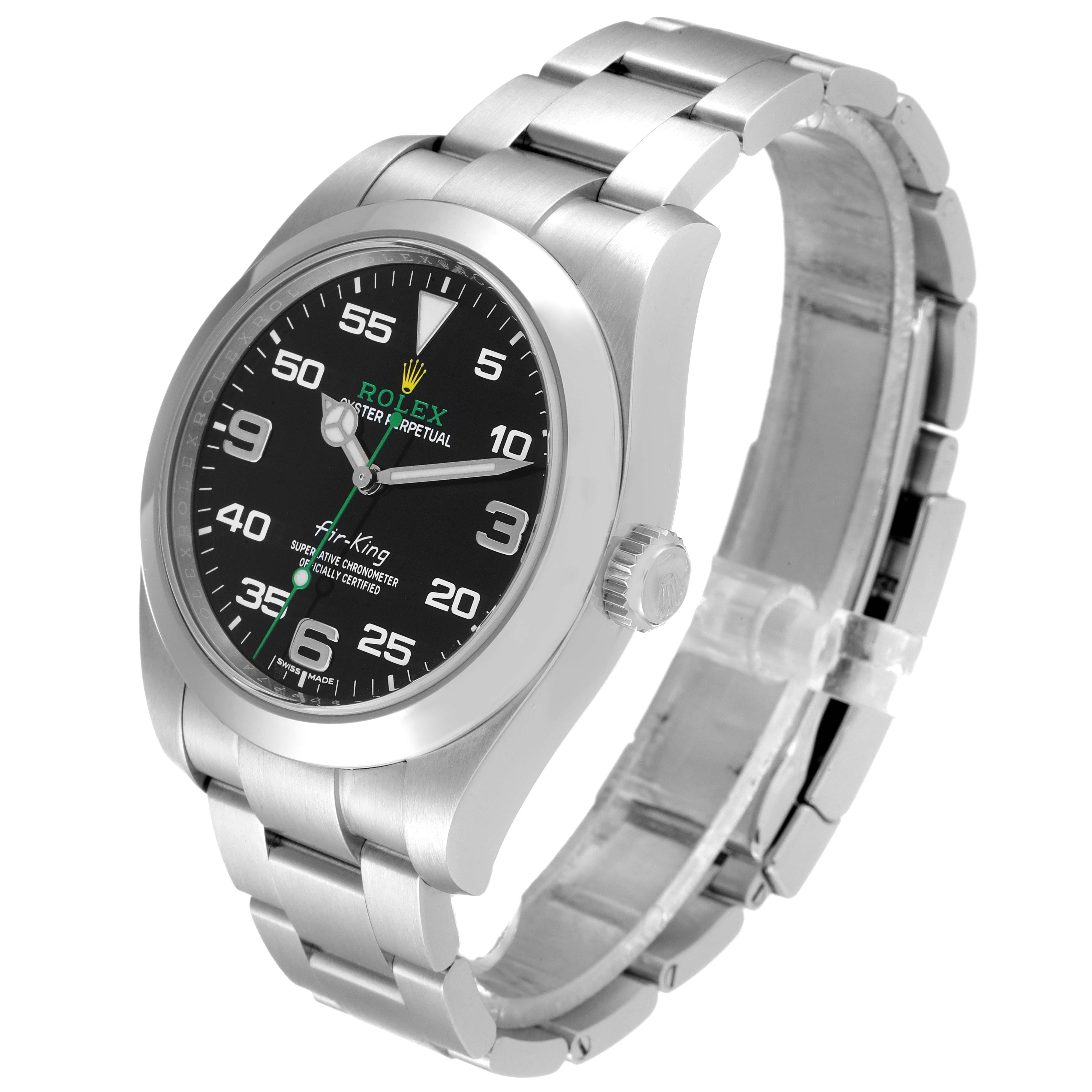 The Rolex Air-King 116900 Men's Stainless Steel Black Dial 116900 Men's Stainless Steel Black Dial watch is shown at a three-quarter angle, displaying its black dial, hands, markers, crown, and stainless steel bracelet.