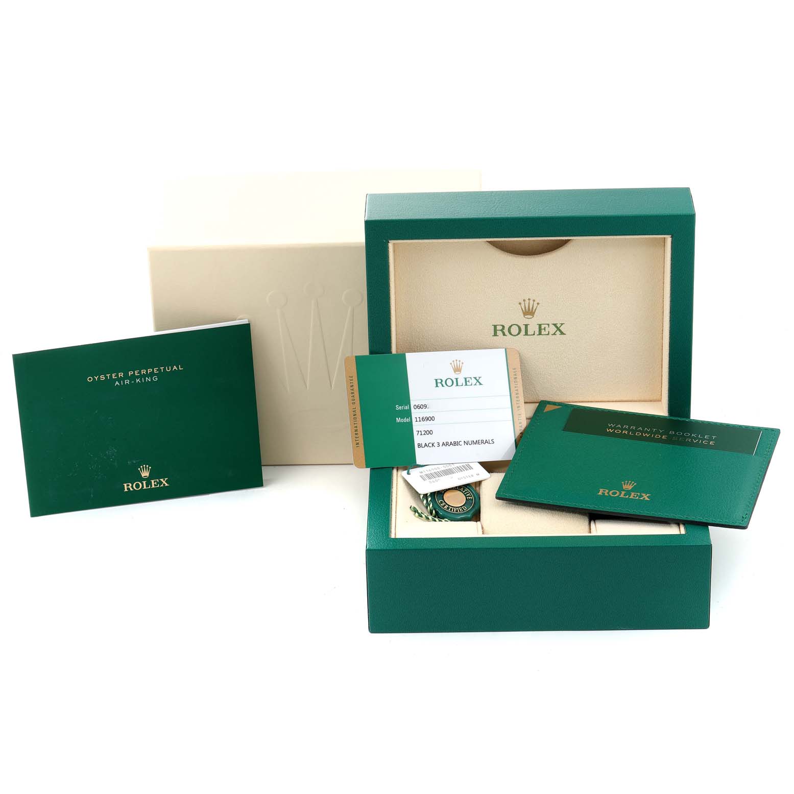 The image shows a Rolex Air-King 116900 Men's Stainless Steel Black Dial 116900 Men's Stainless Steel Black Dial watch with its box, warranty booklet, and model information card, viewed from the front.