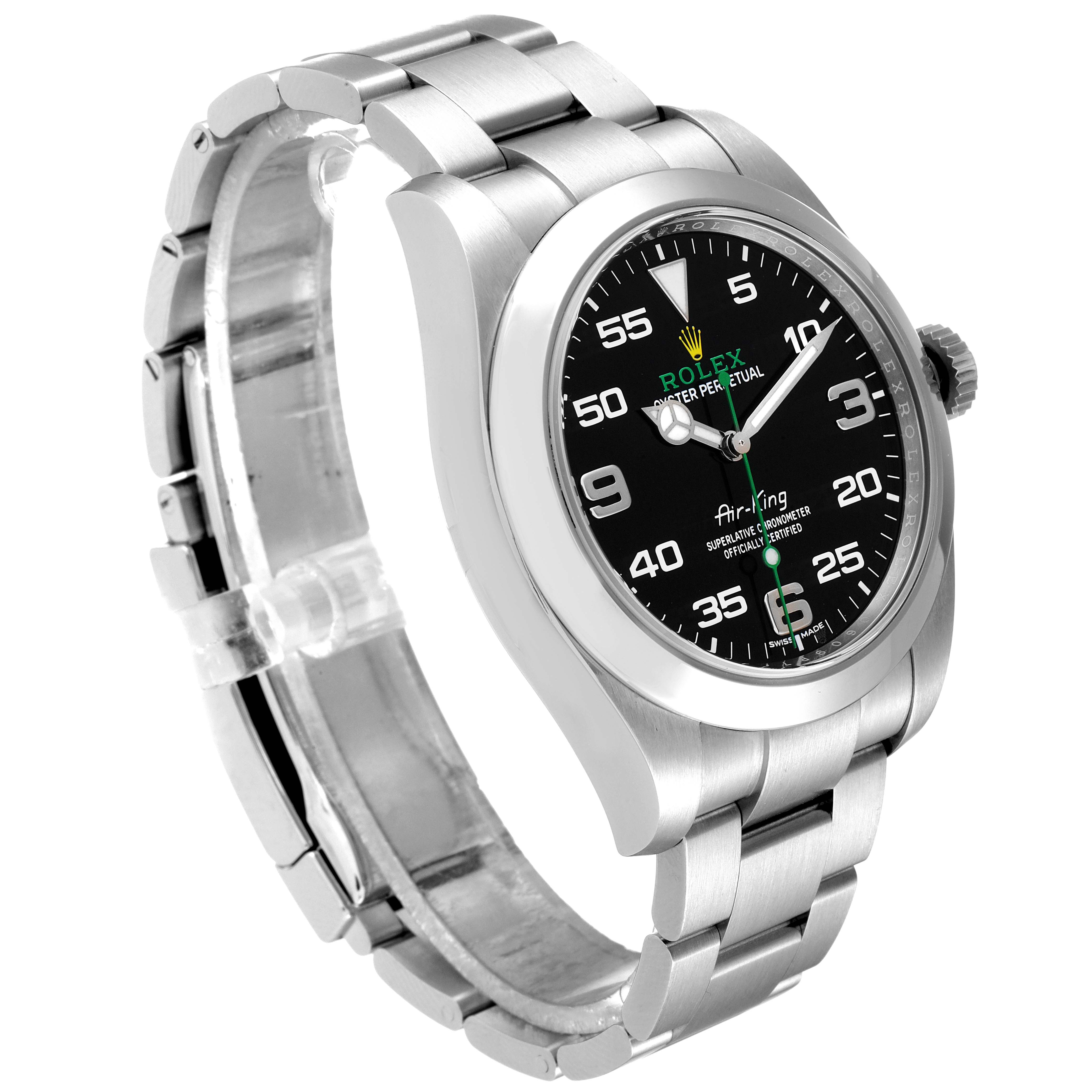 The Rolex Air-King 116900 Men's Stainless Steel Black Dial 116900 Men's Stainless Steel Black Dial watch is shown at a three-quarter angle highlighting its face, bezel, crown, and bracelet.
