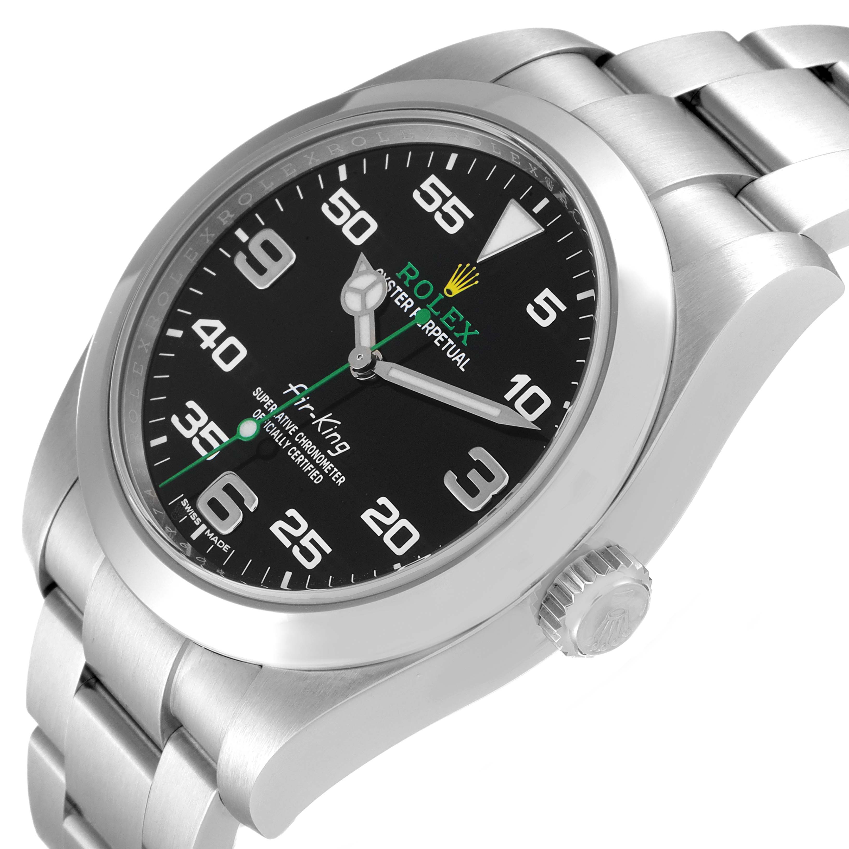 The image shows a Rolex Air-King 116900 Men's Stainless Steel Black Dial 116900 Men's Stainless Steel Black Dial watch at a three-quarter angle, highlighting the dial, crown, and bracelet.