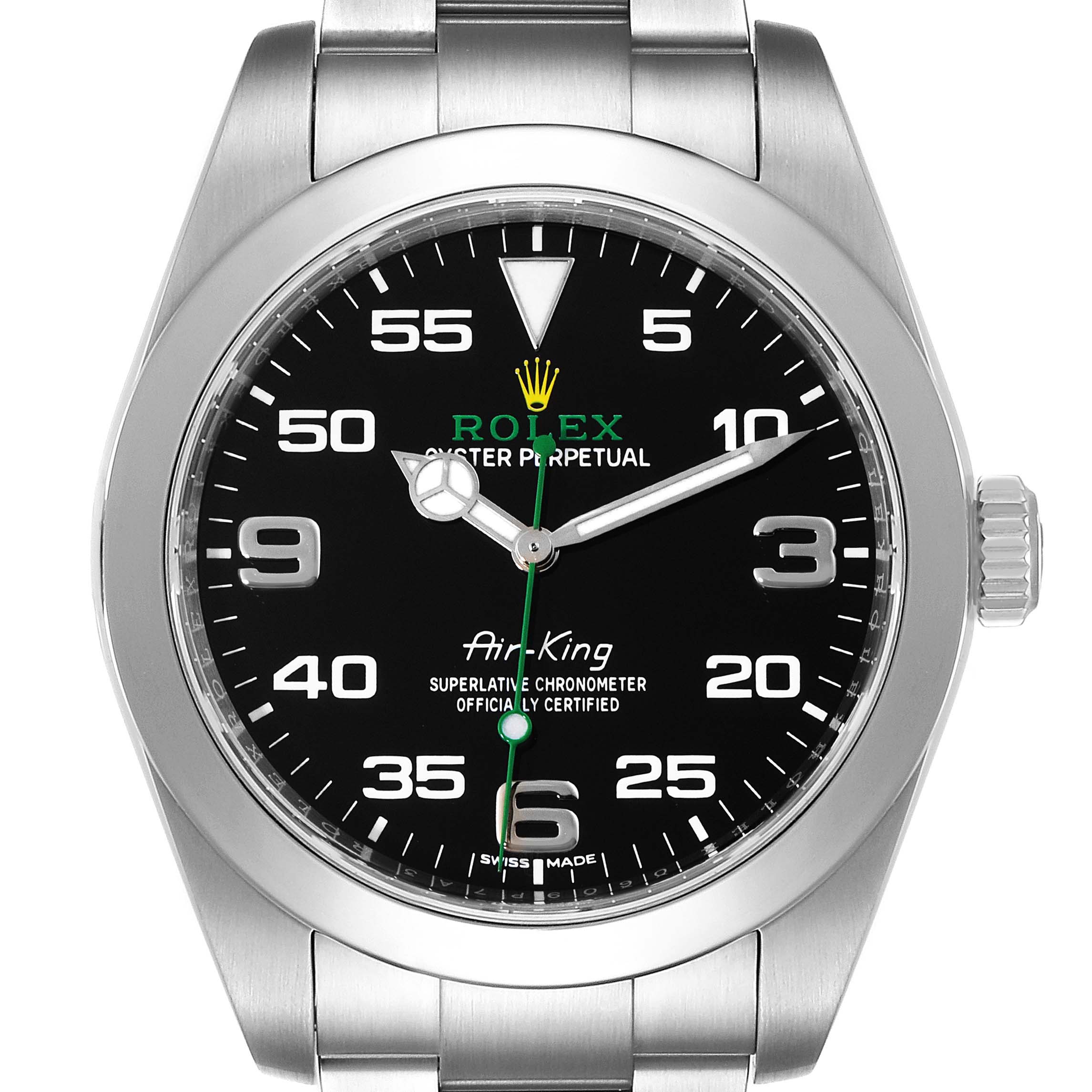 The image shows a front view of a Rolex Air-King 116900 Men's Stainless Steel Black Dial 116900 Men's Stainless Steel Black Dial model watch, highlighting its black dial and stainless steel bracelet.