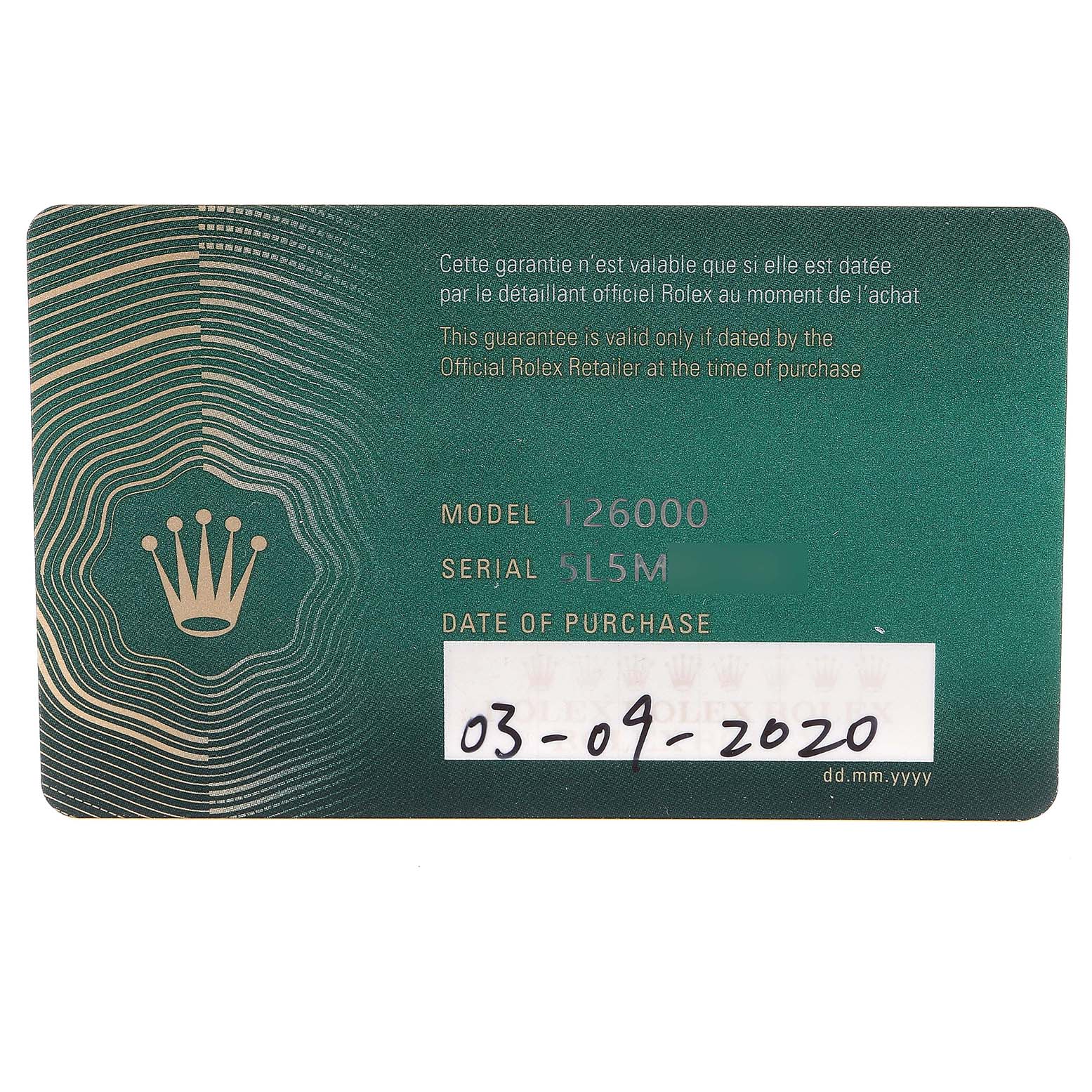 This image shows a certification card for a Rolex Oyster Perpetual 126000 Men's Stainless Steel Blue Dial 126000 Men's Stainless Steel Blue Dial model 126000 with the purchase date of 03-09-2020.