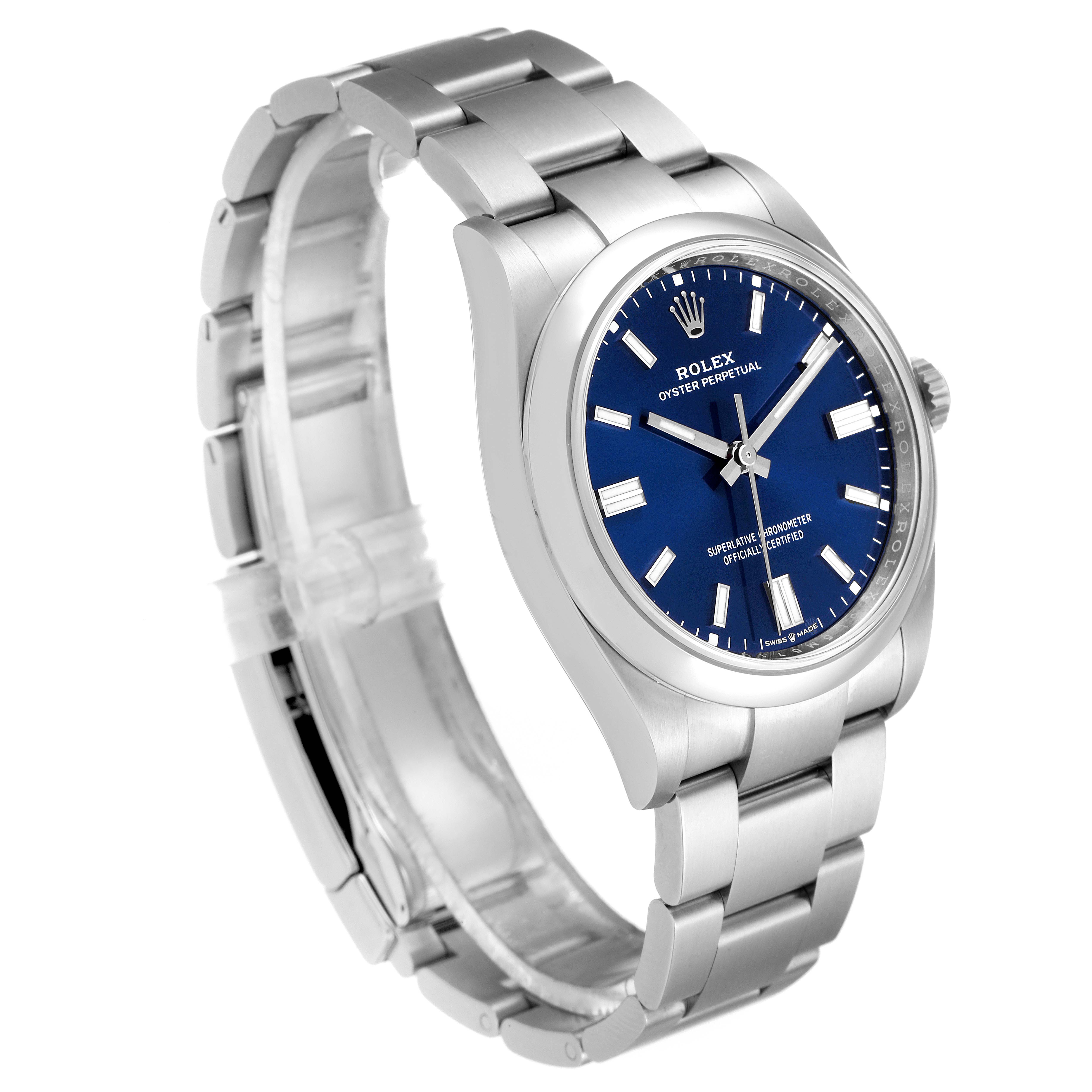 The Rolex Oyster Perpetual 126000 Men's Stainless Steel Blue Dial 126000 Men's Stainless Steel Blue Dial watch is shown at a slight angle, displaying the dial, case, and bracelet.