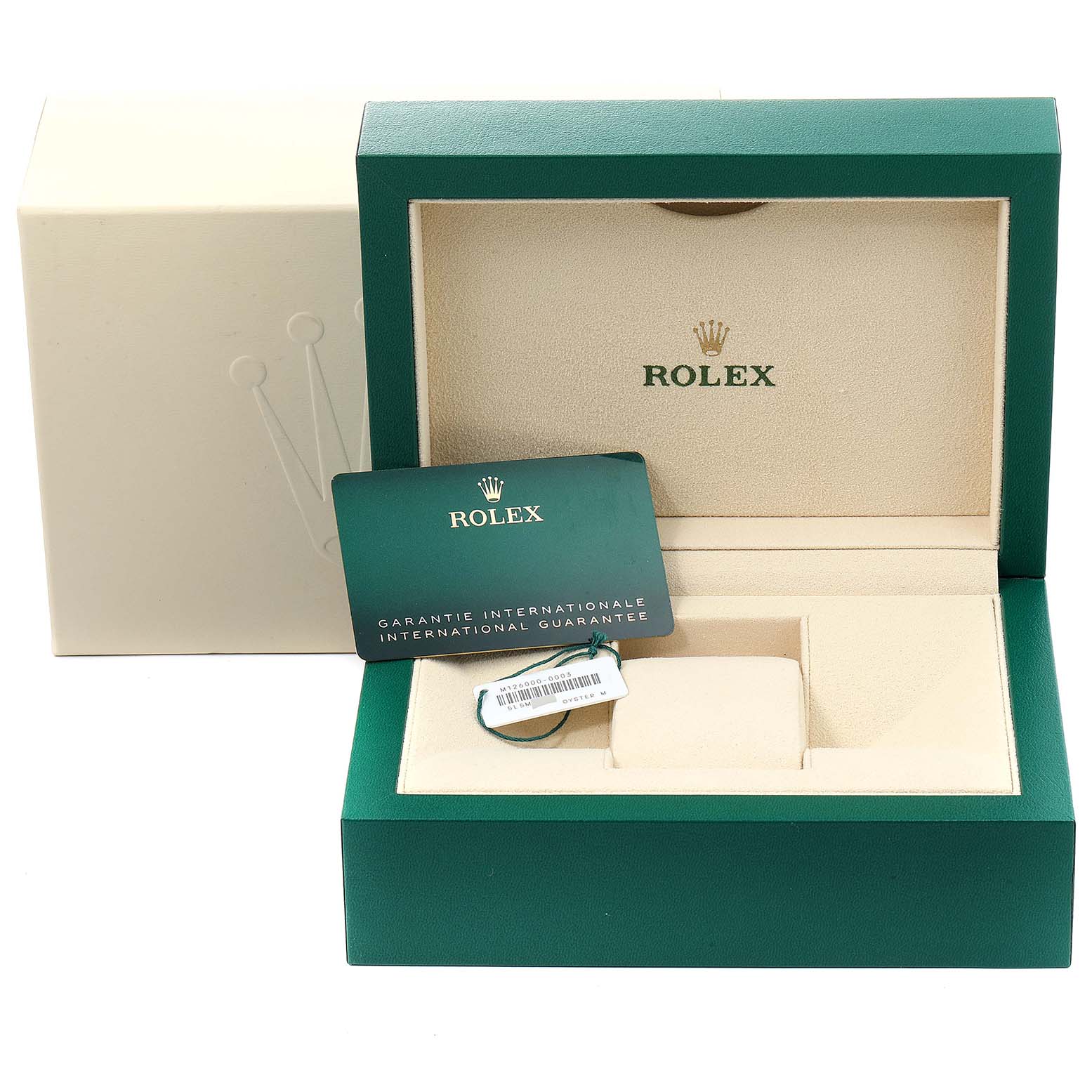 The image shows the presentation box and accessories, including warranty card, for a Rolex Oyster Perpetual 126000 Men's Stainless Steel Blue Dial 126000 Men's Stainless Steel Blue Dial watch.