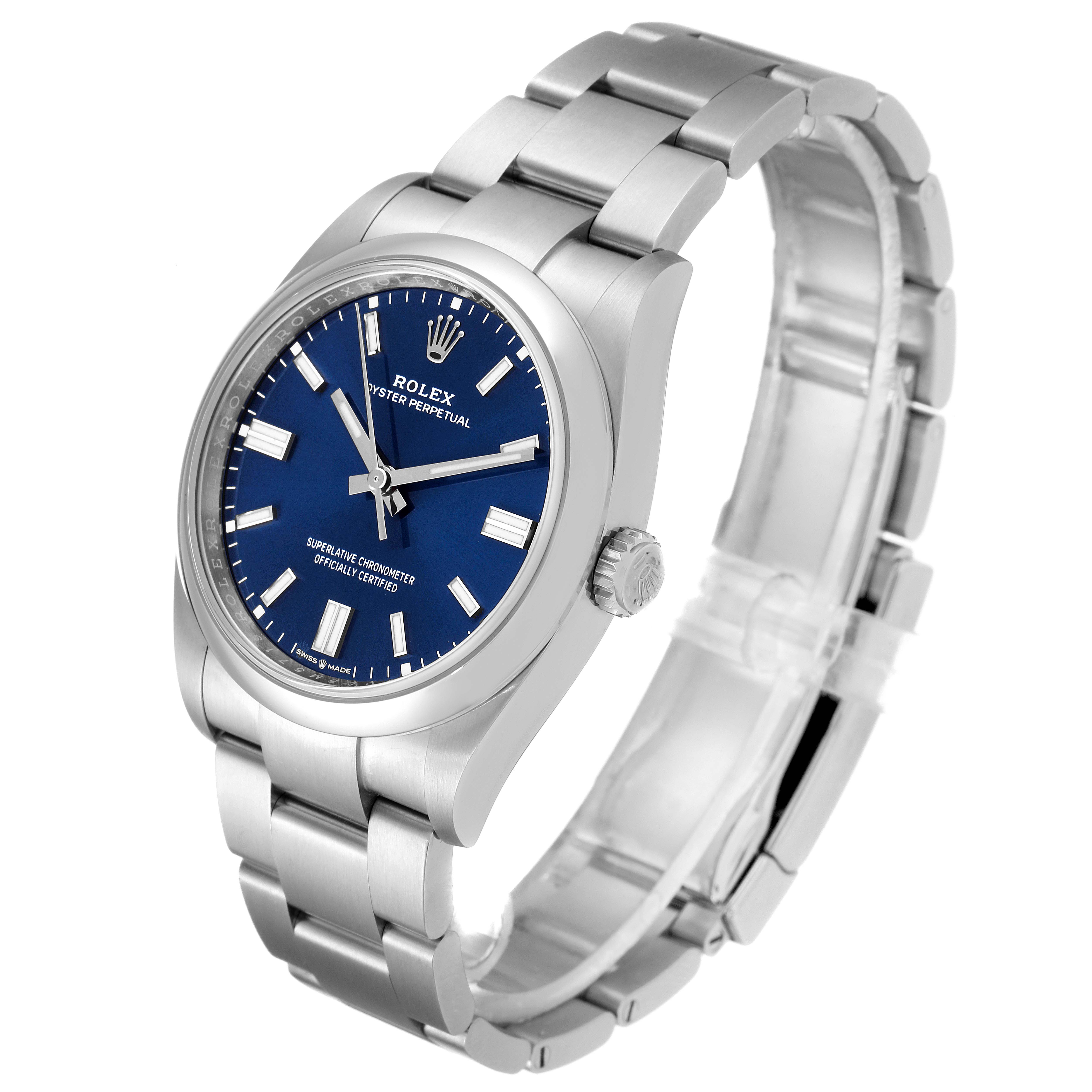 This image shows a side angle of a Rolex Oyster Perpetual 126000 Men's Stainless Steel Blue Dial 126000 Men's Stainless Steel Blue Dial watch, displaying the dial, bracelet, and crown.