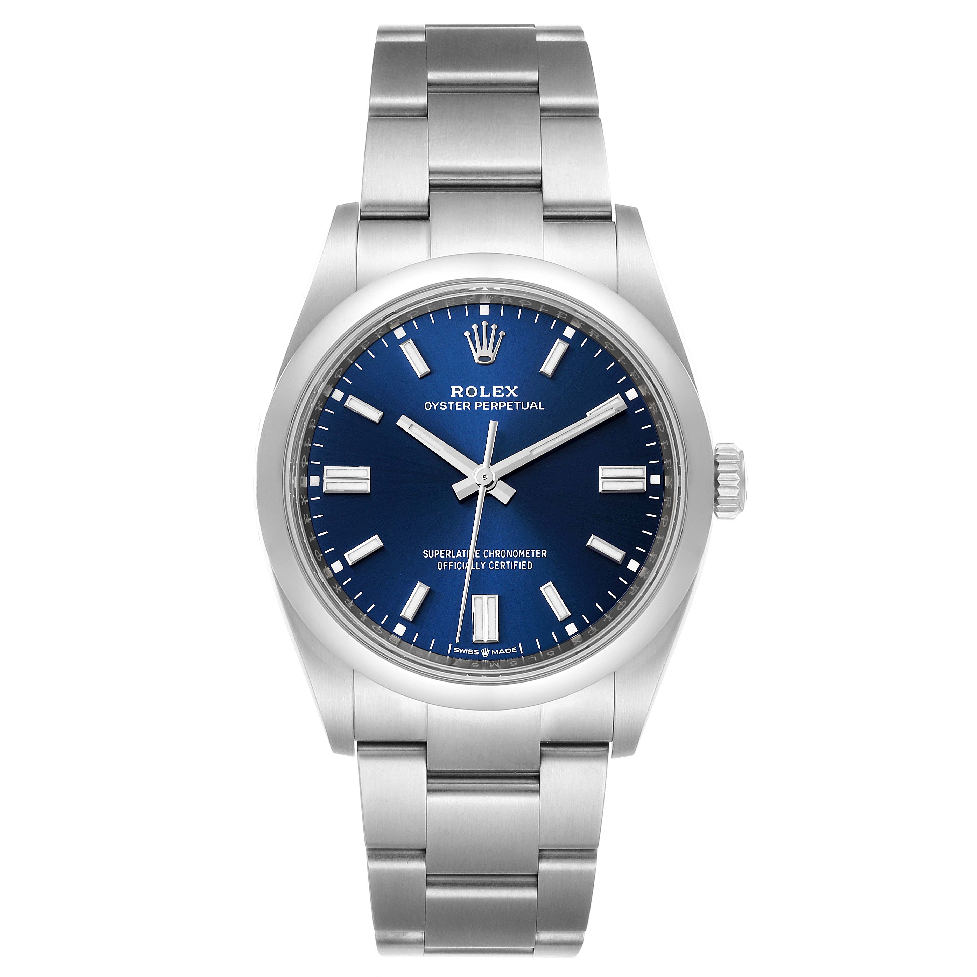 This image shows a front view of a Rolex Oyster Perpetual 126000 Men's Stainless Steel Blue Dial 126000 Men's Stainless Steel Blue Dial watch, displaying its face and bracelet.