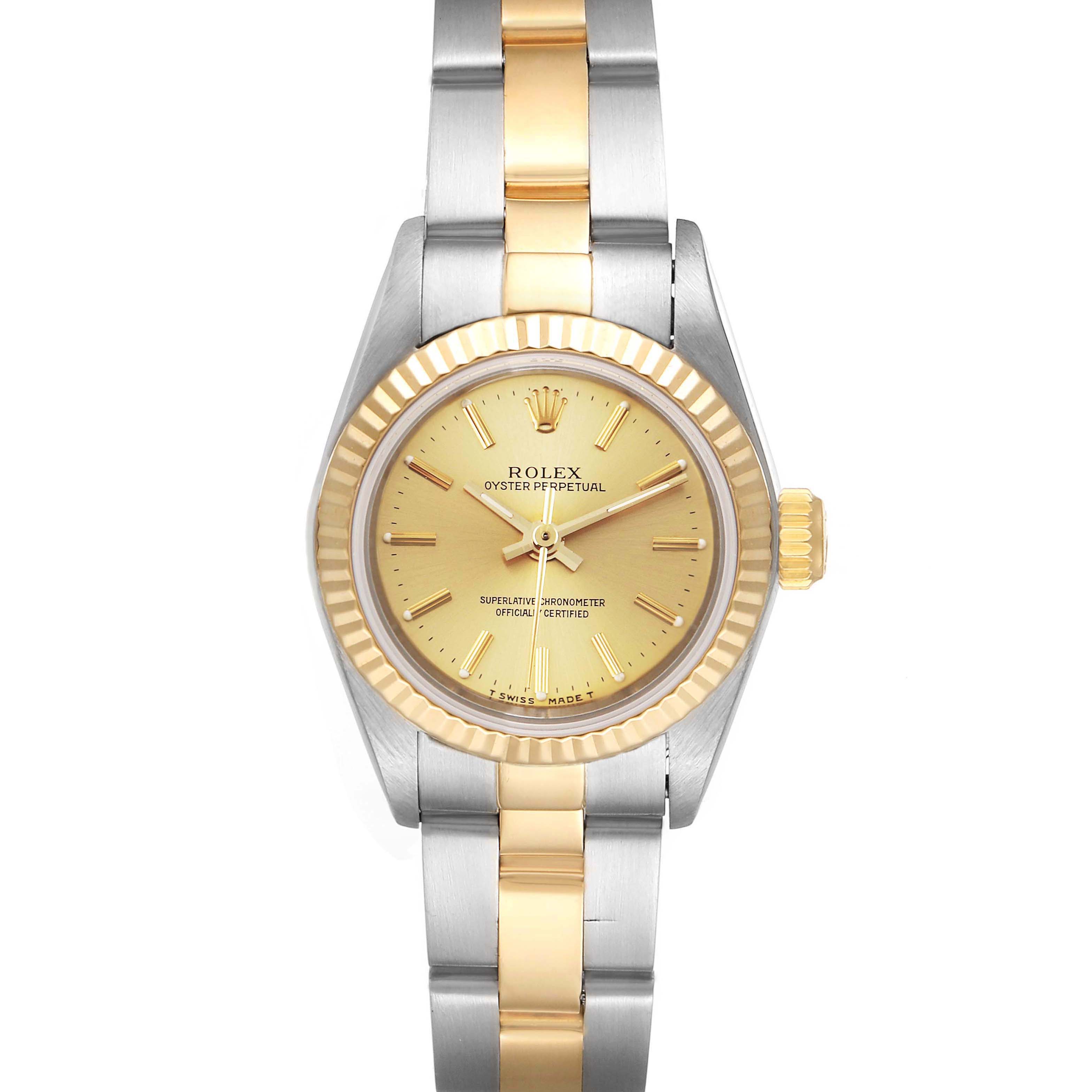 This image shows a front view of the Rolex Oyster Perpetual 67193 Women's Steel and Gold (two tone) Champagne Dial 67193 Women's Steel and Gold (two tone) Champagne Dial watch, highlighting its two-tone bracelet and gold dial.