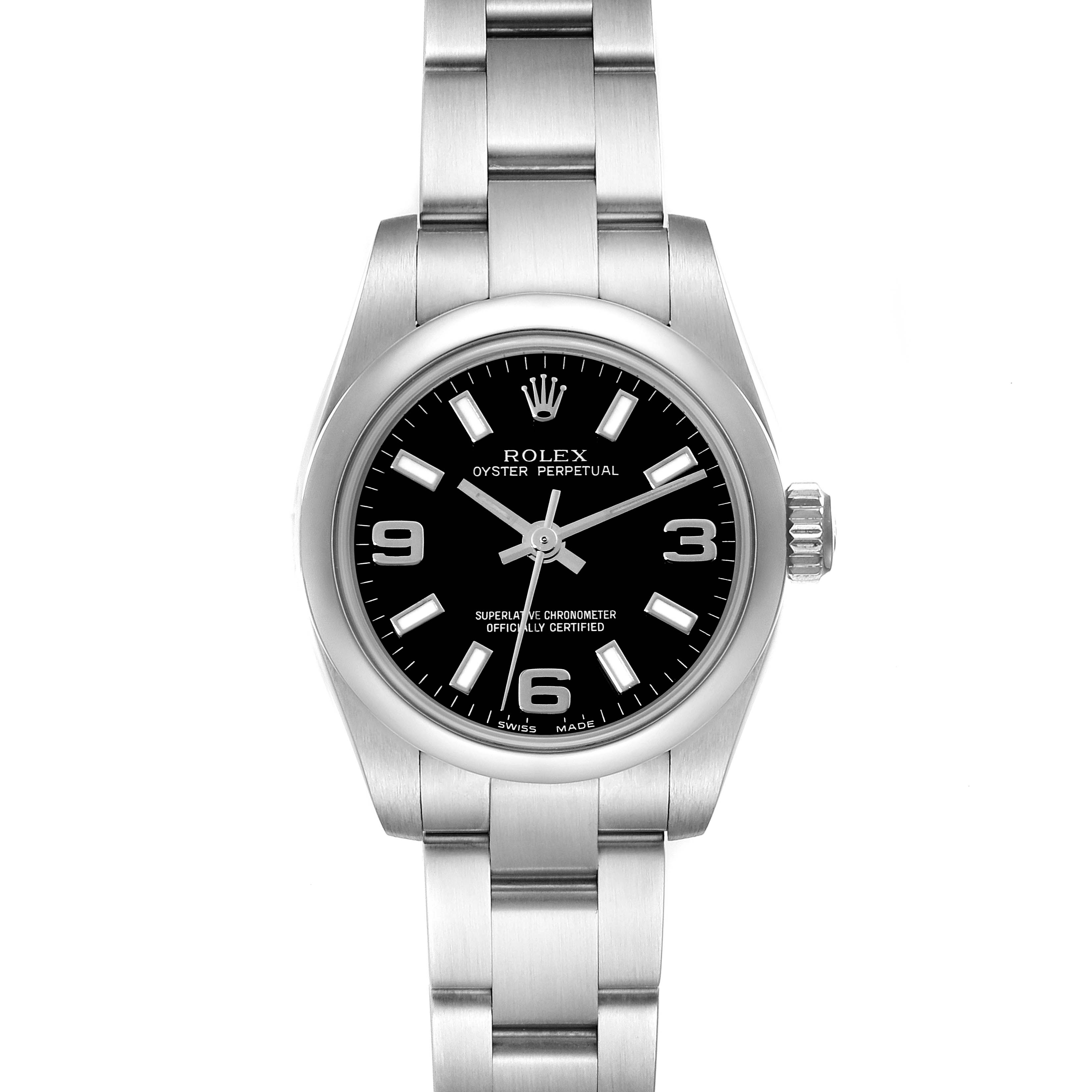 This image shows a front view of a Rolex Oyster Perpetual 176200 Women's Stainless Steel Black Dial 176200 Women's Stainless Steel Black Dial watch, highlighting the dial and bracelet.